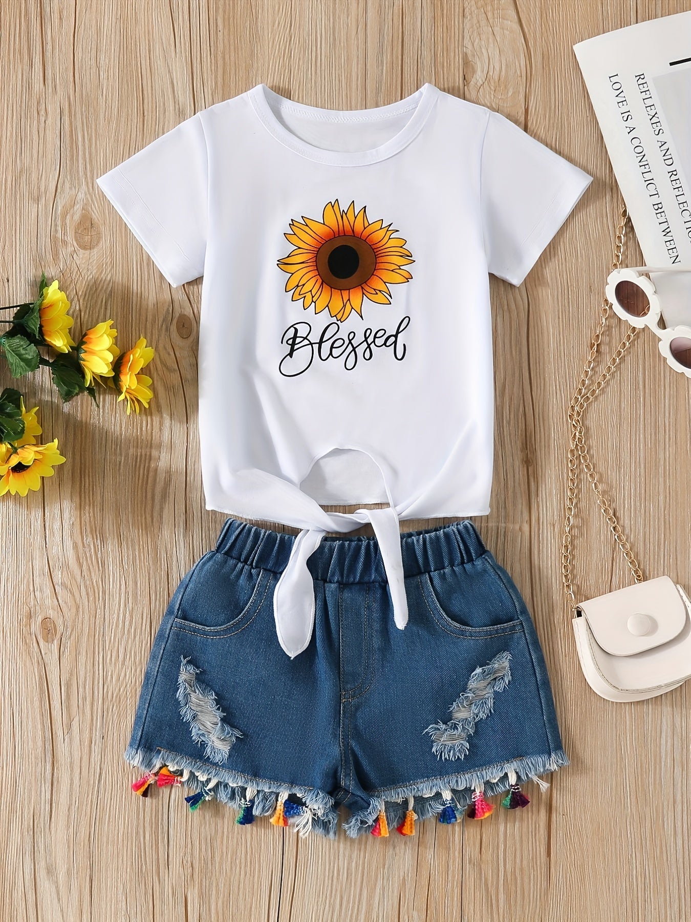 2pcs Comfy Girls Casual Short Sleeve T-shirt & Denim Shorts Set, Sunflower And Letter Graphic Print Summer Kids Outdoor Clothing