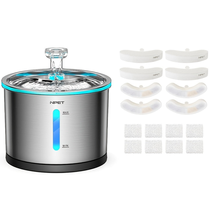 NPET WF210 Cat Water Fountain Stainless Steel, 50oz/1.5L Dishwasher Safe Pet Water Fountain with Visible Window, Ultra Quiet Automatic Cat Water Dispenser with Light for Cats Inside