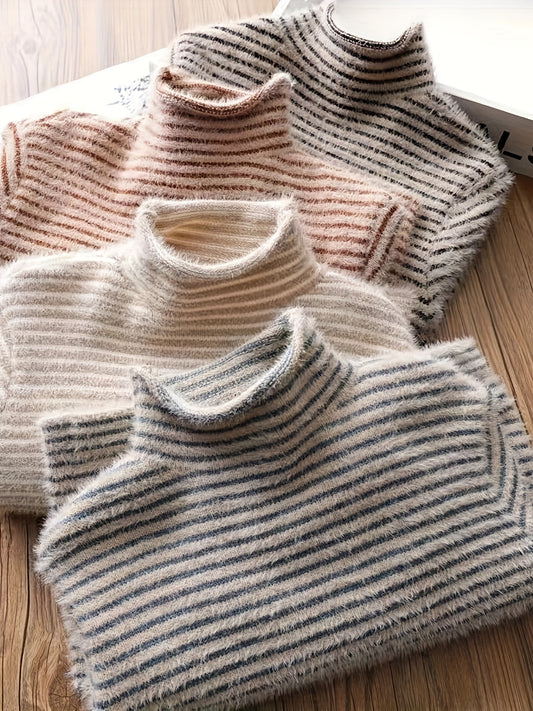 Girls Thermal Pullover Cozy Stretch Stripe Long Sleeve Mock Neck Layer Knit Top For Fall/Winter/ Spring