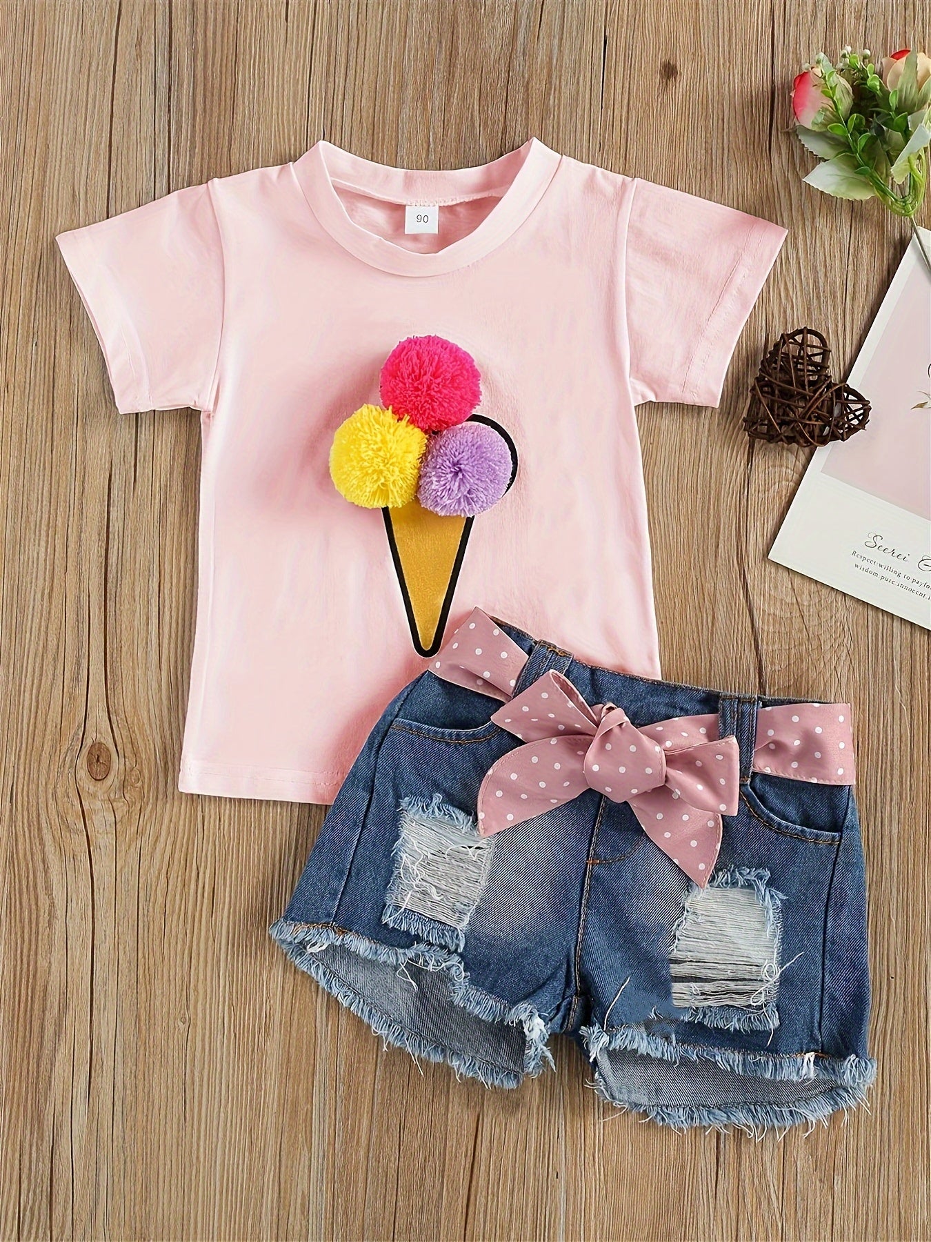 2pcs Cute Pom Pom Denim Shorts Set, Girls' Ince Cream Decor T-shirt & Outdoor Clothes