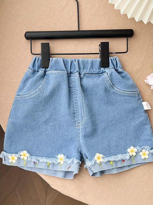 Girls Casual & Trendy Flowers Decor Denim Shorts For Spring & Summer