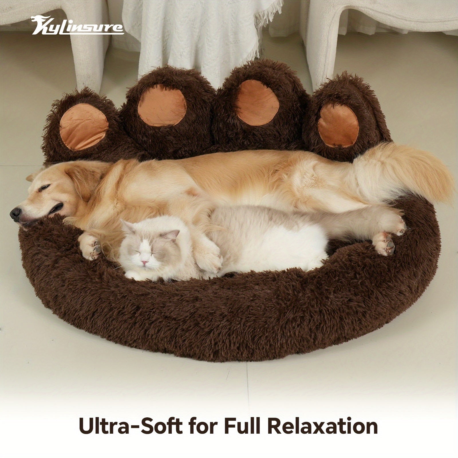 Warm And Comfortable Soft Dog Round Mattress - Coffee Colored - Cute Bear Paw Shaped Dog Bed And Cat Bed - Calm Donut Pet Bed - Plush Dog And Cat Cushion Bed With A Pet Scarf
