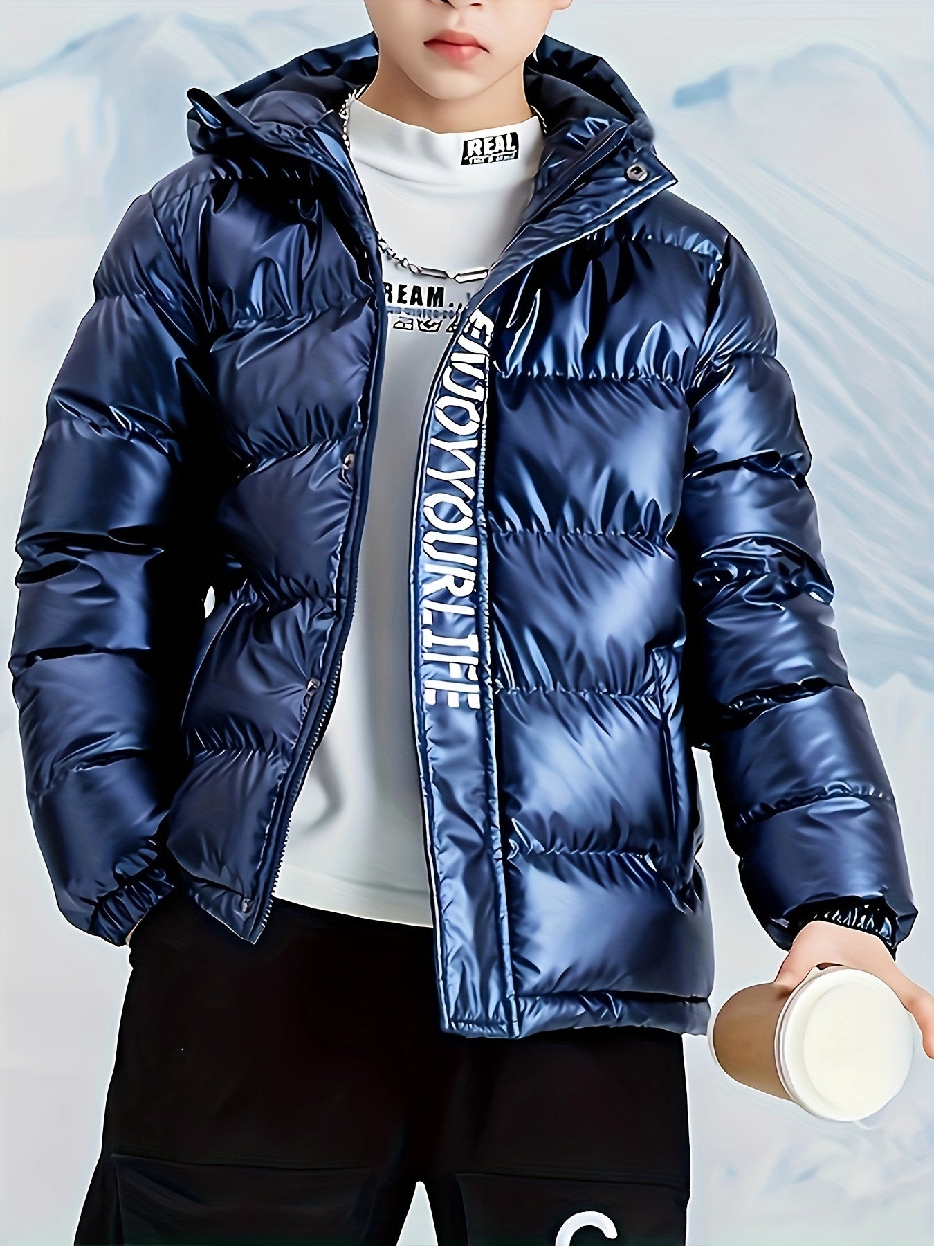 Boys' Warm Metallic Color Hooded Padded Jacket - Snow Suits with Zip Up Coat, Ego and Love Letters Print