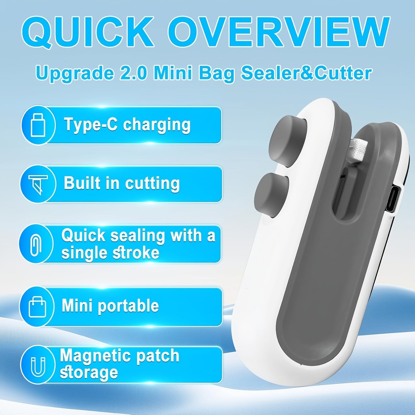[USB-C Rechargeable Bag Sealer] 2pcs Mini Bag Sealer | USB-C Rechargeable, 2-in-1 Heat Seal with Cutter & Magnet, Buy 1 Get 1 Free, Resealer Machine for Plastic & Snack Bags