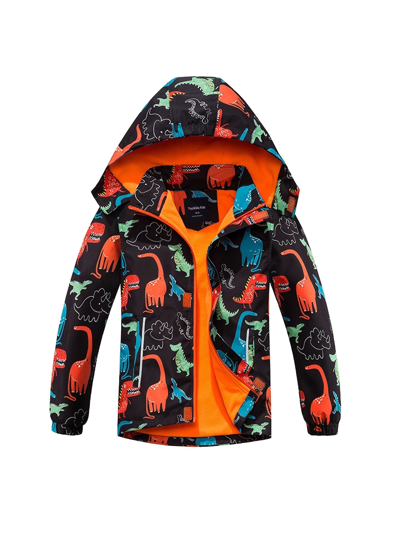 Stylish Boys' Dinosaur-Themed Water-Resistant Jacket - Removable Hood, Fleece Lining, Windbreaker Design, Kids' Raincoat for Outdoor Play - Perfect for Casual Daily Wear, Hiking, and School