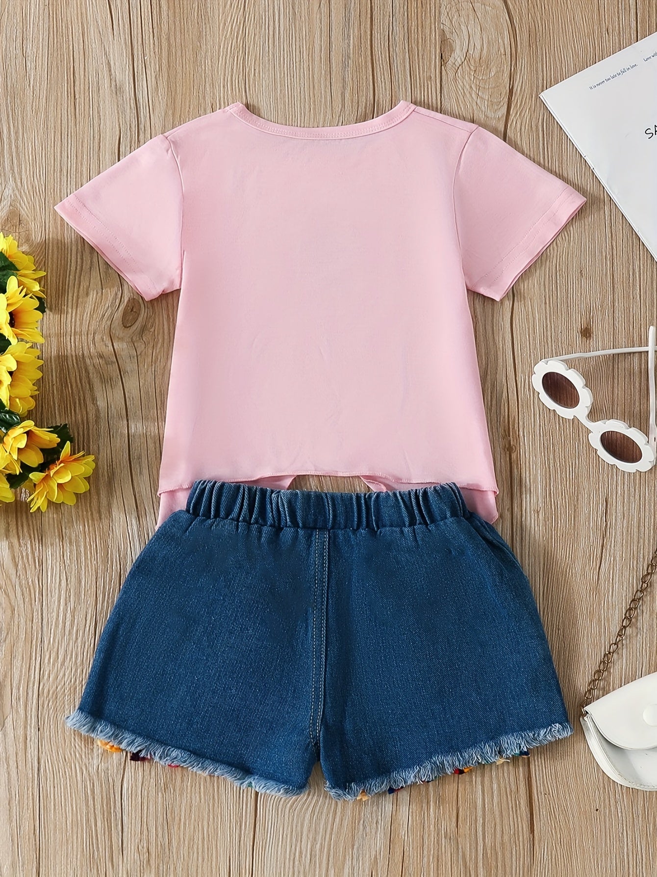 2pcs Comfy Girls Casual Short Sleeve T-shirt & Denim Shorts Set, Sunflower And Letter Graphic Print Summer Kids Outdoor Clothing