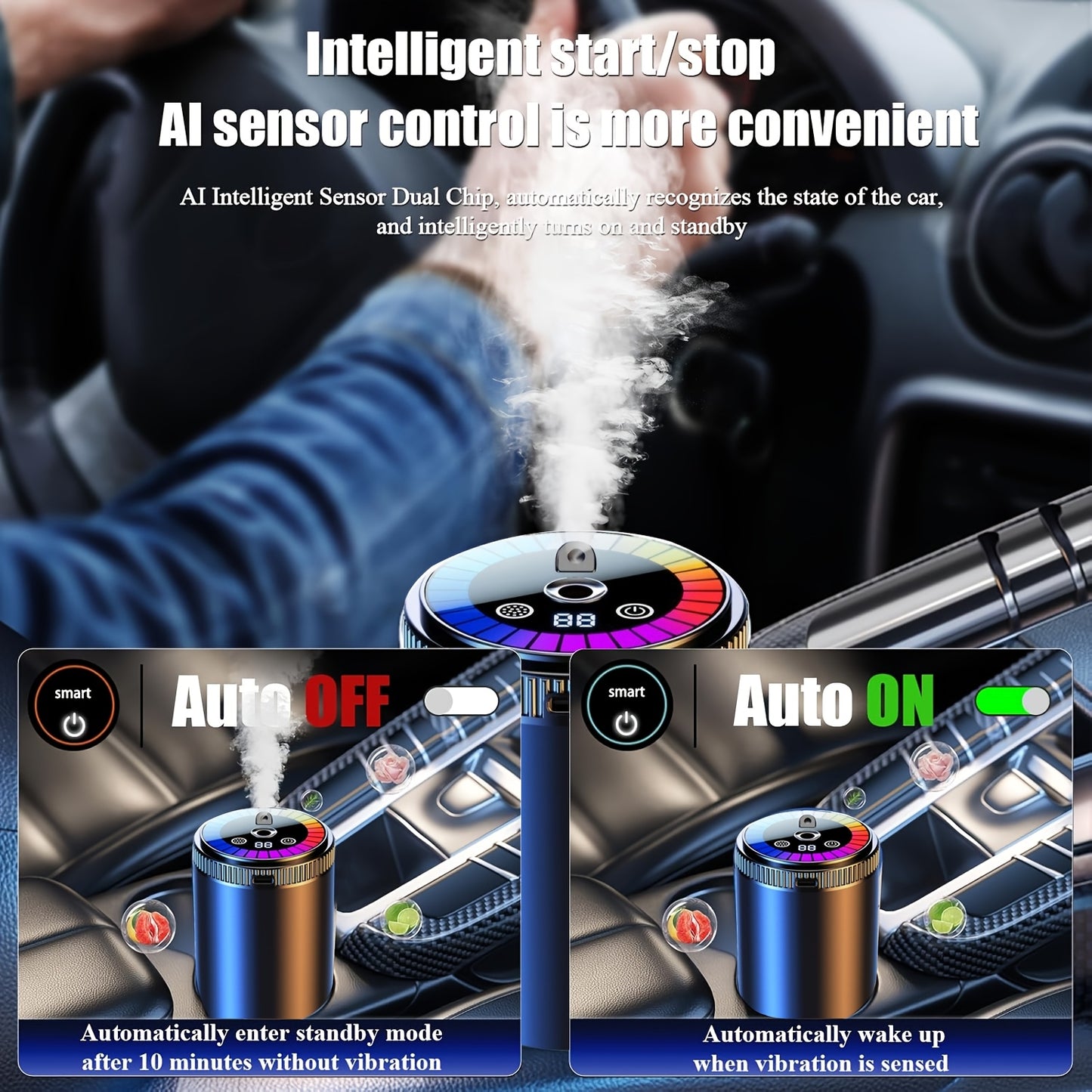 Smart Car Air Freshener with Aromatherapy Features, Featuring a Dynamic Light Display And a Starry Sky Mode. It Uses Natural French Scented Essential Oils Or Perfumes, Allows for Adjustable Fragrance Strength