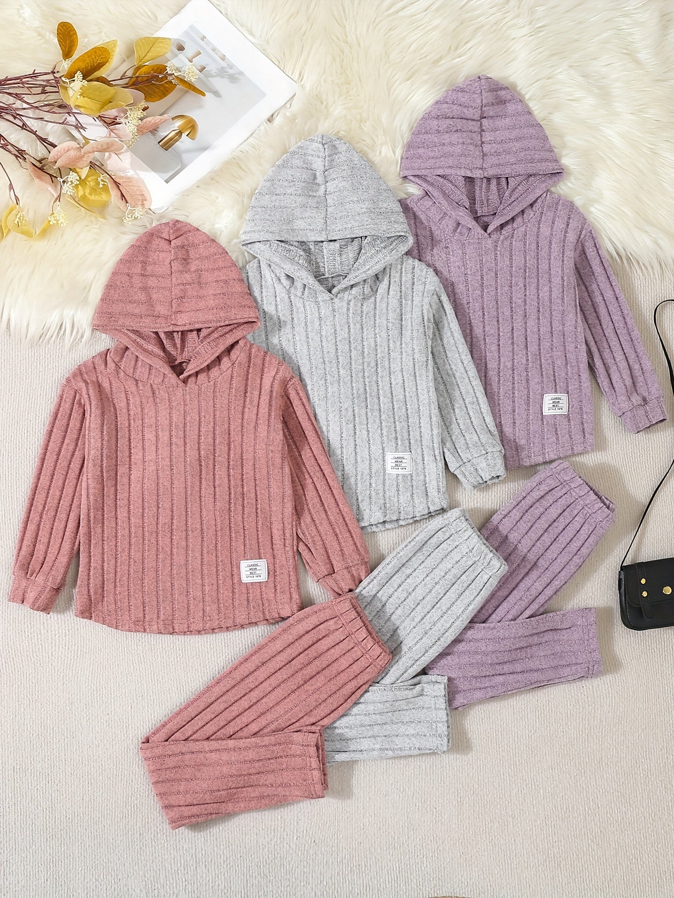 3pcs Girls' Vintage Hooded Sweatshirt and Pants Set, Casual Knit Polyester and Spandex Pullover with Patched Detail, Long Sleeve Solid