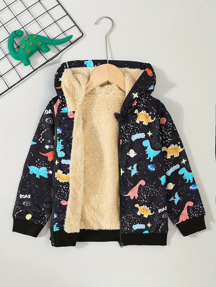 Boys’ Dinosaur Print Hoodie – 100% Polyester with Teddy Fleece Lining — view 1 of outerwear
