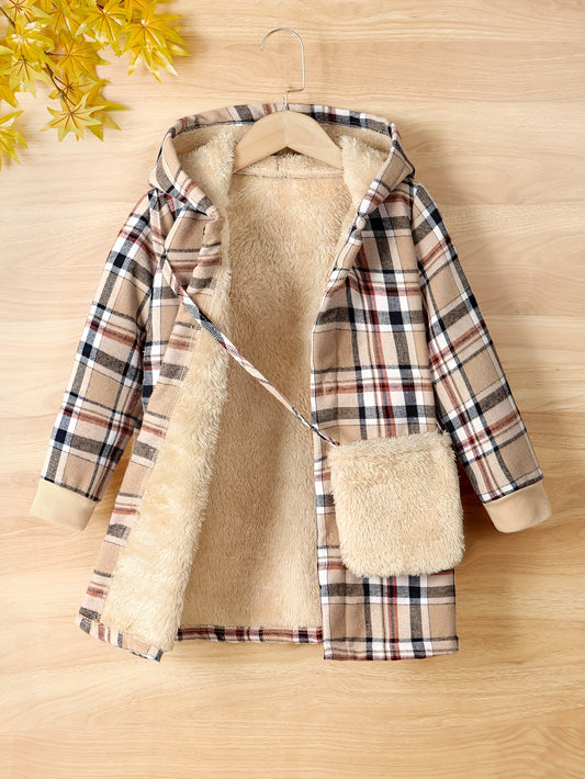 Thick Plush Liner Girls Winter Jacket & Bag, Warm Button Up Long Cardigan Hooded Coats For Autumn And Winter