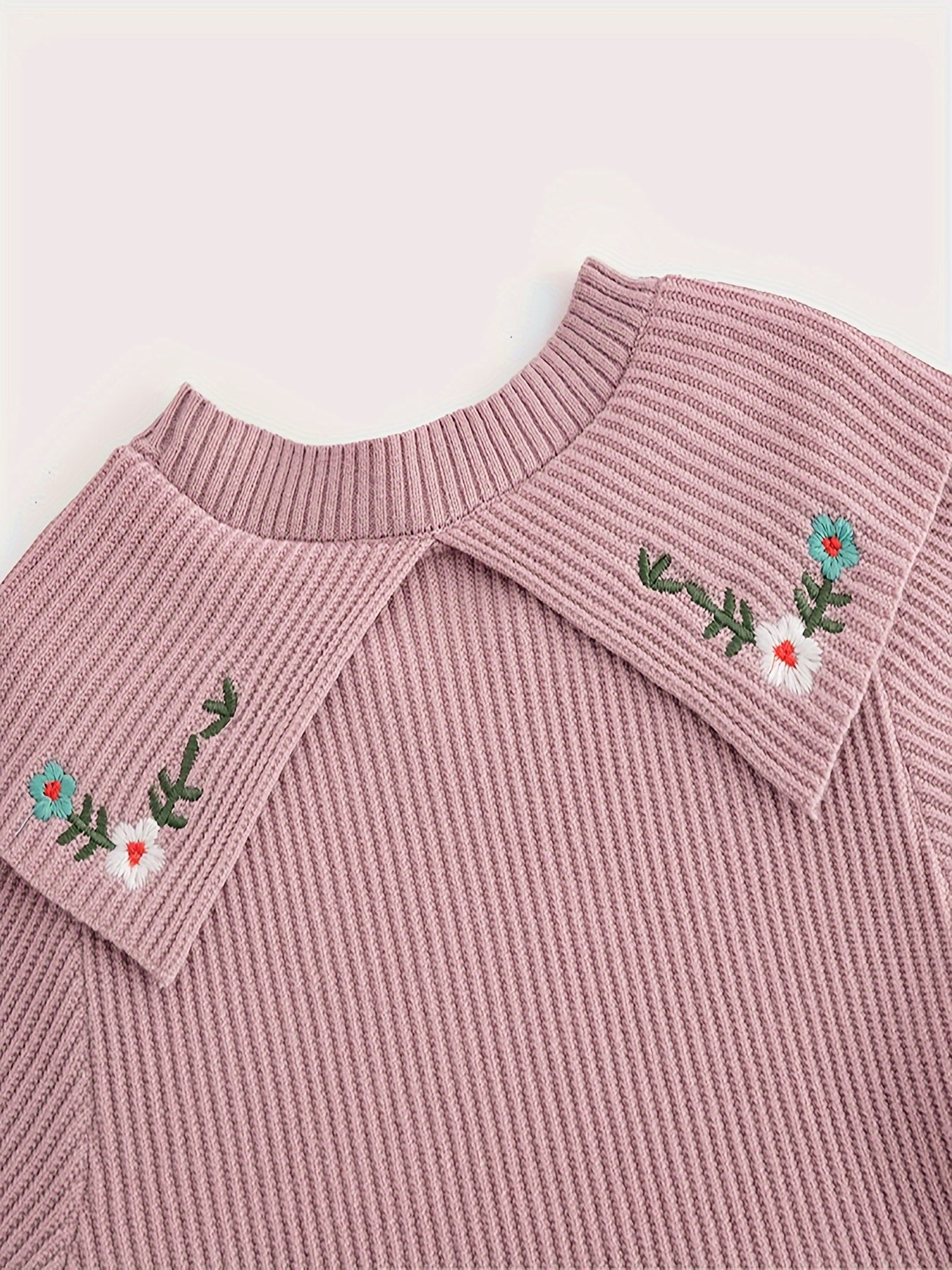 Girls' Embroidered A-line Short Sweater Dresses with Knitted Flower Pattern Lapel Collar for Fall Winter