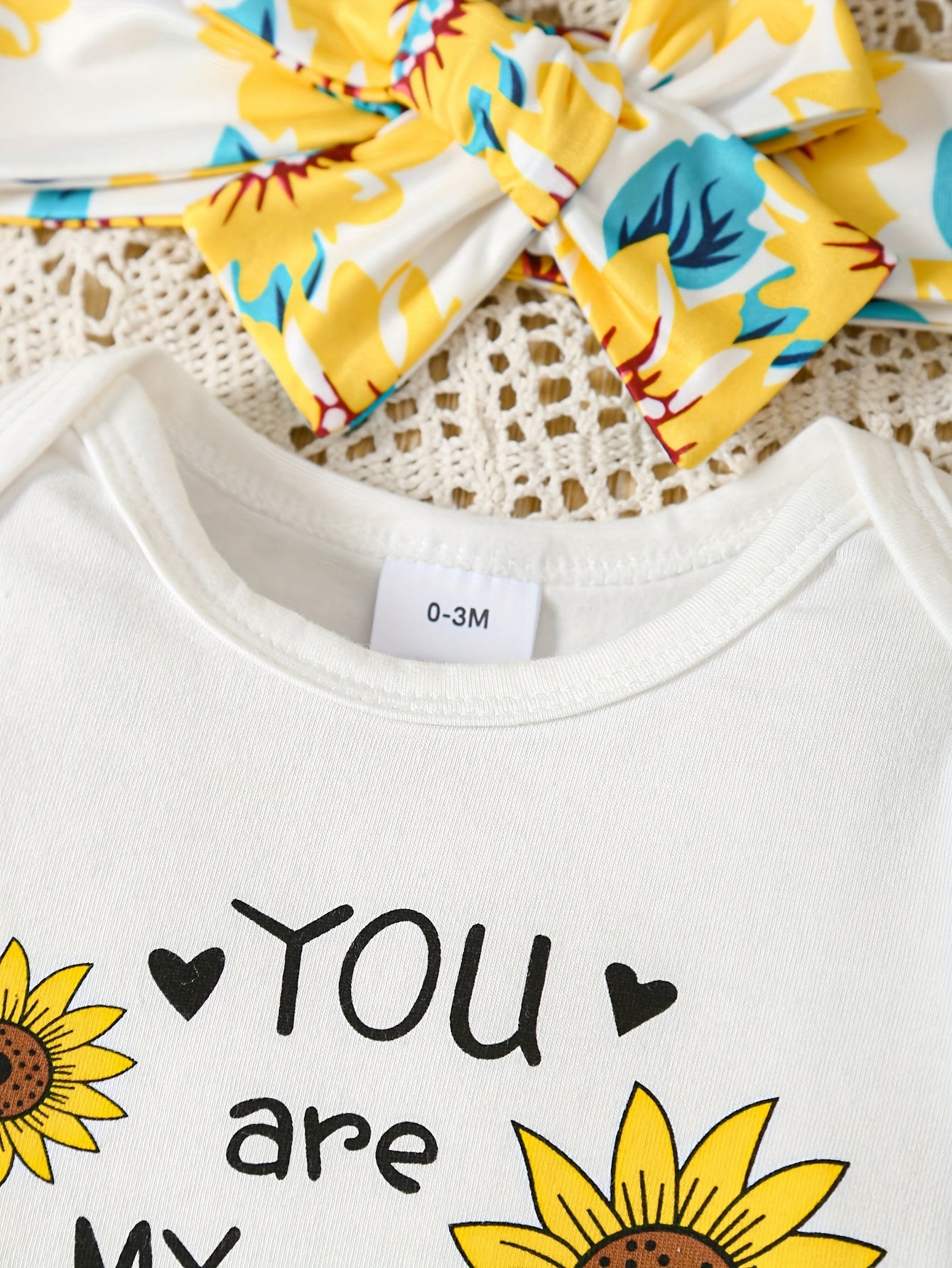 2pcs "You Are My Sunshine" Print Toddler & Infant Girl's Clothes Set, Ruffled Bodysuit & Headband & Sunflower Full Print Shorts