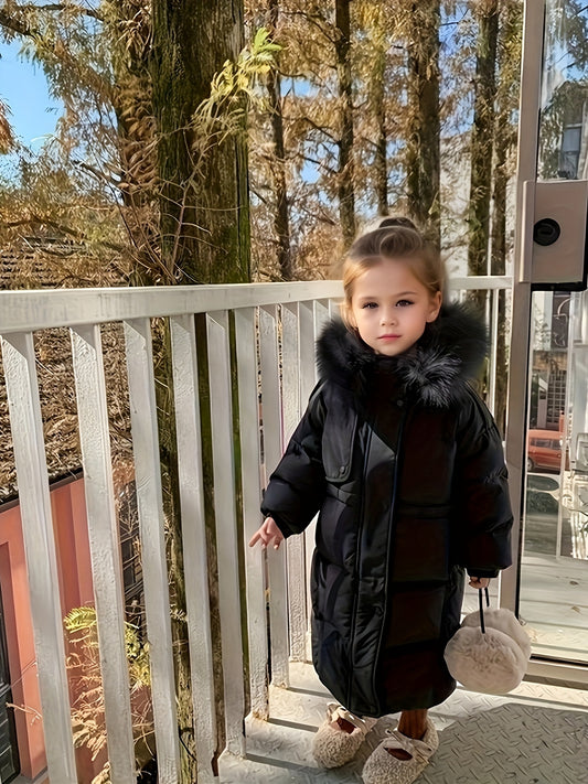 Vibrant Furry Hooded Long Length Snow Coat for Girls - Soft Padded, Stylish, Water-Resistant, and Warm - Perfect for Autumn and Winter Outdoor Play