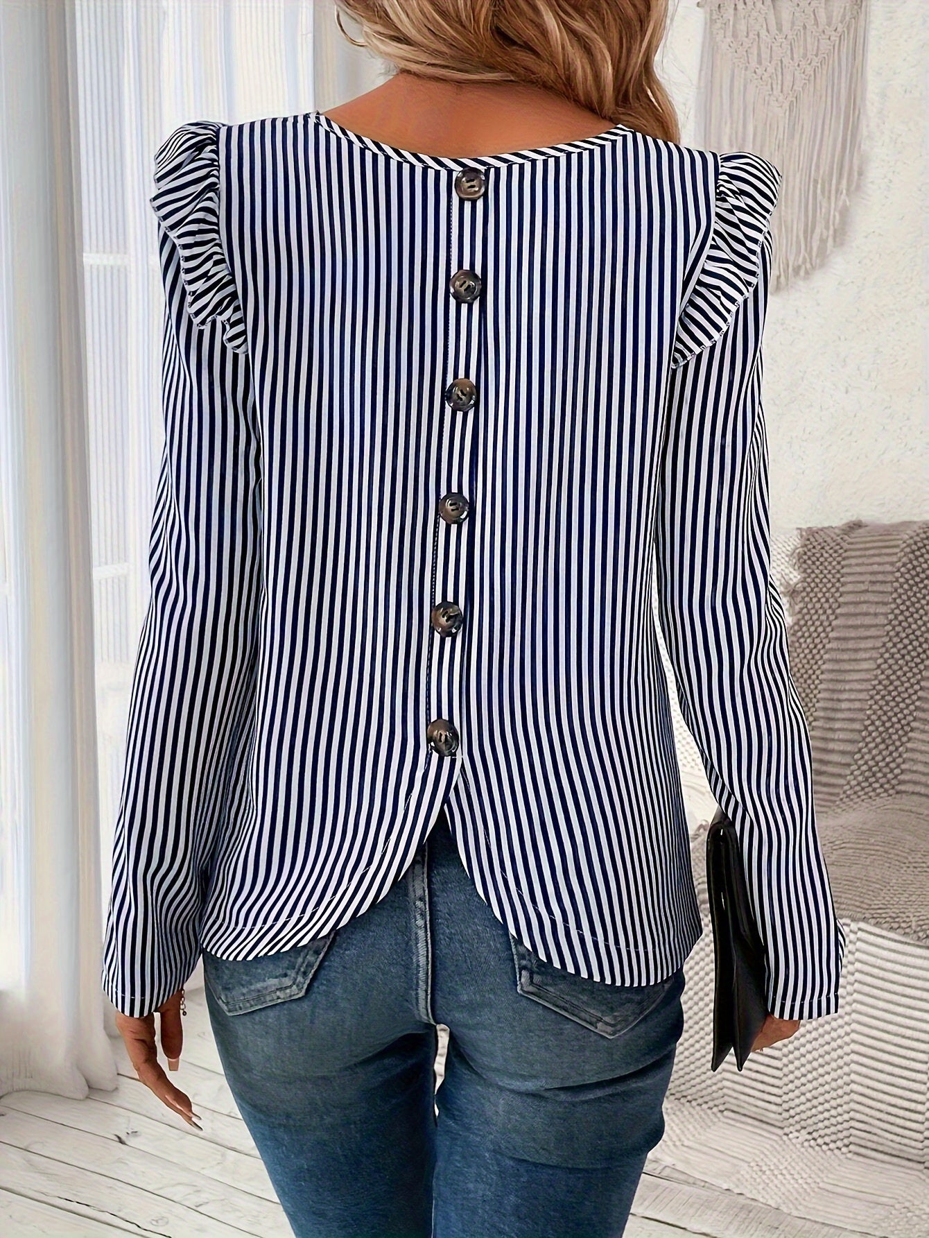 Stripe Print Button Back Button Ruffle Shirt