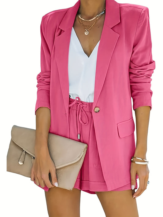 Women's Business Suits Long Sleeve Blazer Jacket Coat And High Waisted Shorts 2 Pieces Outfits Set