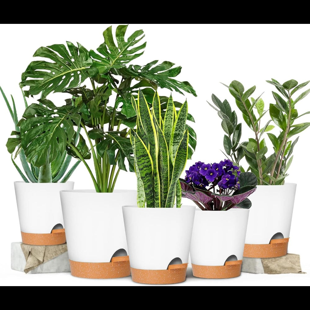 Set of 5 Self-Watering Plant Pots (5–7 Inch) – Plastic Planters with Drainage Holes & Saucers
