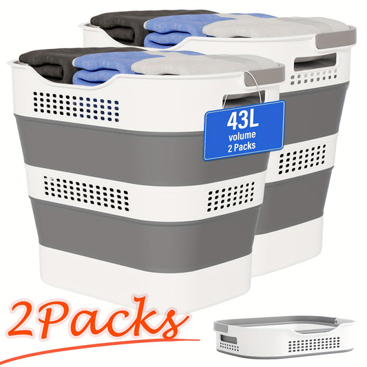 43L/11.5 Gallon Collapsible Laundry Basket with Pop-Up Mechanism & Sturdy Handles - Heavy-Duty Foldable Hamper, Space-Saving Storage Organizer for Large Families, Durable Plastic-Like Design (Grey) - Portable Clothes Bin for