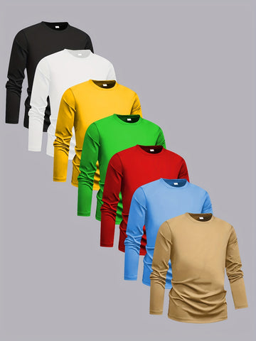 7pcs Boys’ Solid Color Long Sleeve T-Shirts – Stretchy & Comfortable Casual Wear
