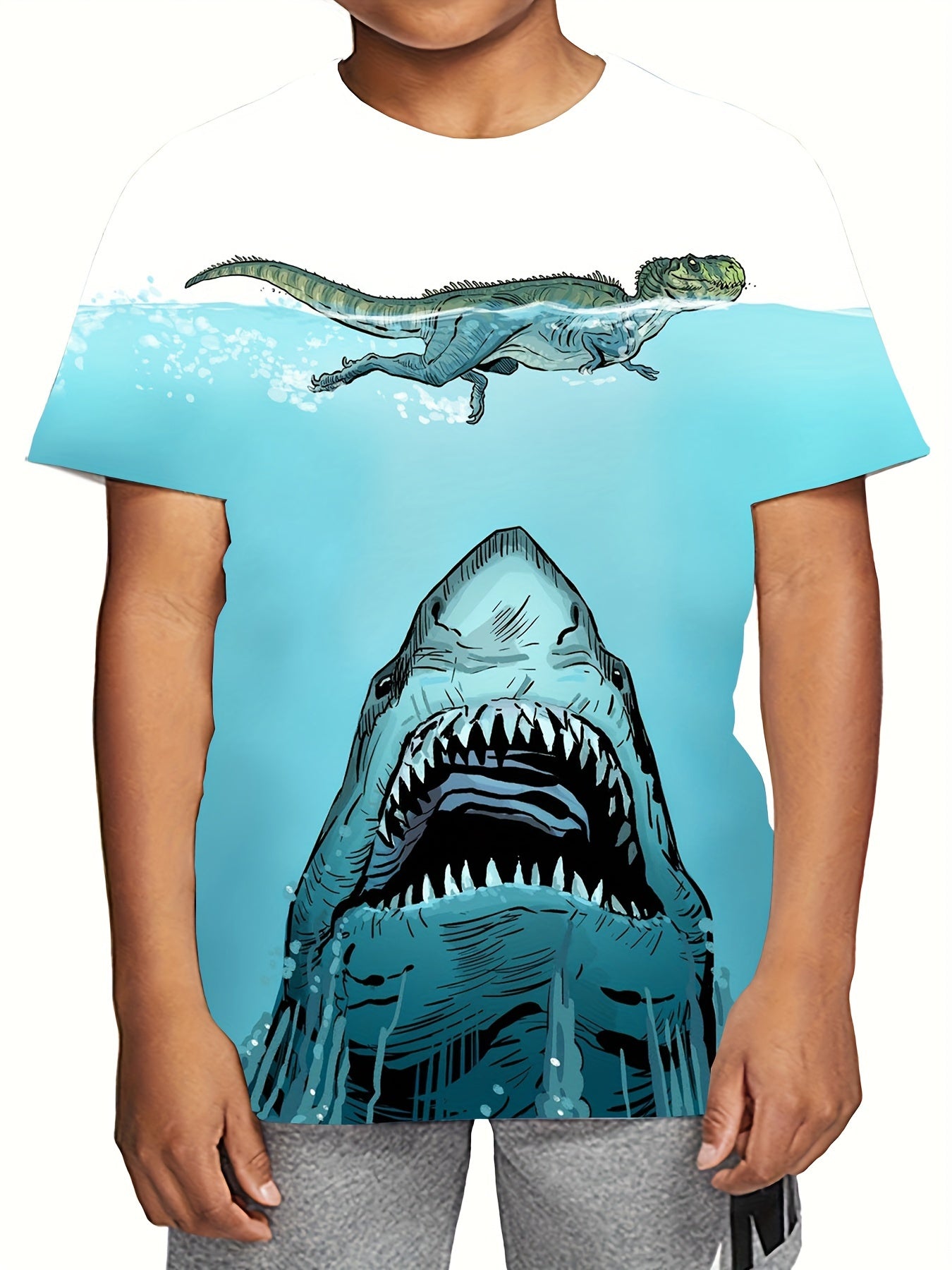 3D Effect - Cool Shark And Dinosaur 3D T-Shirts For Boys, Lightweight And Comfy Summer Clothes