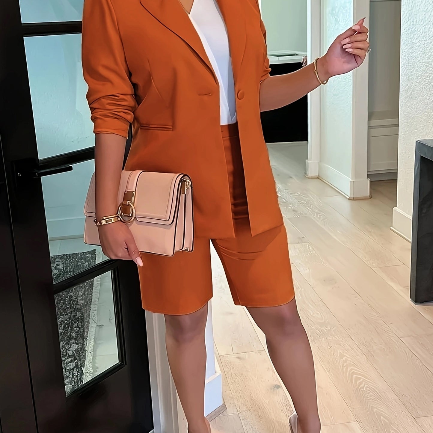 2 Pcs Solid Color Button Front Blazer & Shorts Outfit, Long Sleeve Lapel & Bermuda Shorts, Women's Clothing