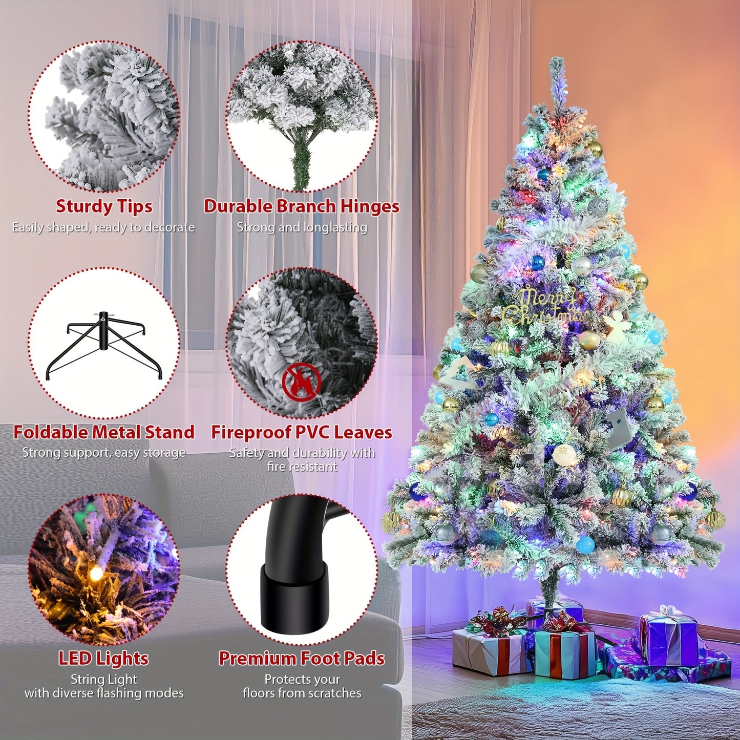 250 Multi-Color Lights 6FT Pre-lit Snow Flocked HOMDOX Artificial Christmas Tree with 640 PVC Branch Tips, 11 Adjustable Flash Rate Modes, Foldable Metal Stand, Hinged Branches