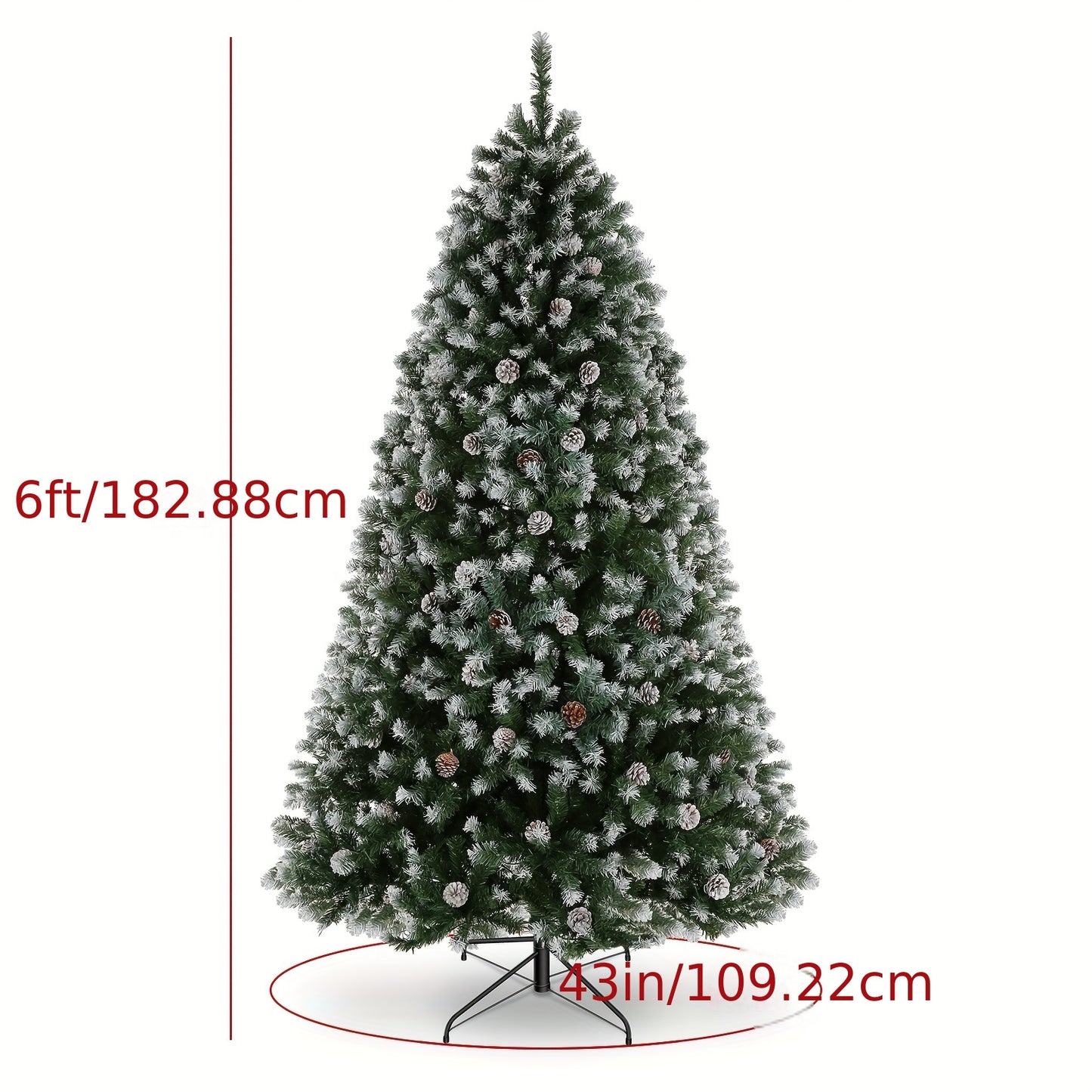 6FT Partially Flocked Christmas Tree, Decorated Xmas Tree with Pine Cones, Hinged, Foldable Metal Base for Home Office Holiday Decor