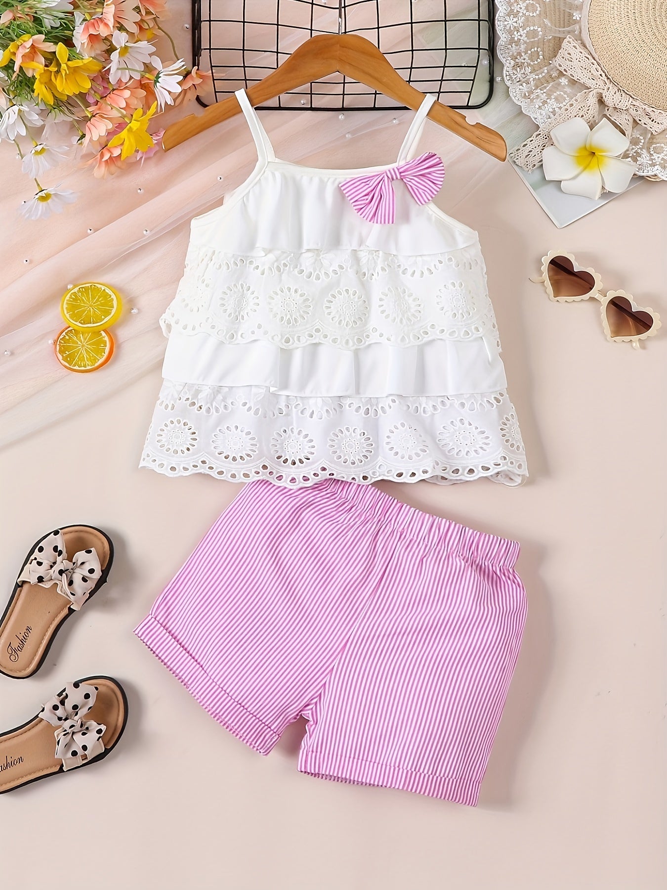 2pcs Infant & Toddler's Lovely Summer Outdoor Set, Schiffy Layered Cami Top & Shorts, Baby Girl's Clothes, Outdoor Cloth