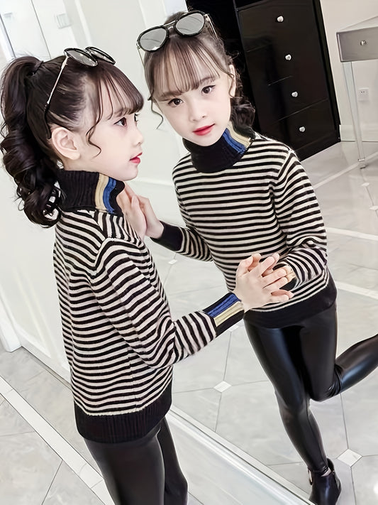 Cozy Girls' Long Sleeve Striped Knit Turtleneck Sweater for Autumn and Winter - Warm Layering Top