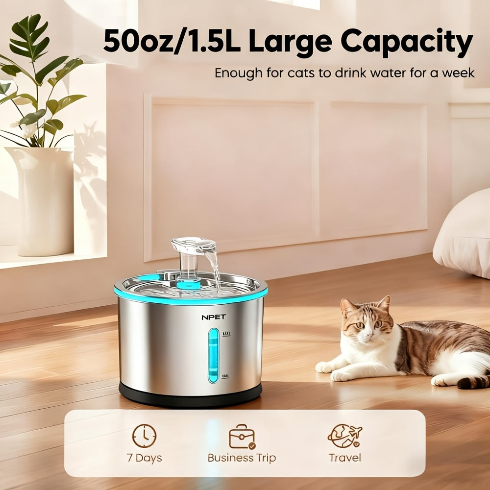 NPET WF210 Cat Water Fountain Stainless Steel, 50oz/1.5L Dishwasher Safe Pet Water Fountain with Visible Window, Ultra Quiet Automatic Cat Water Dispenser with Light for Cats Inside