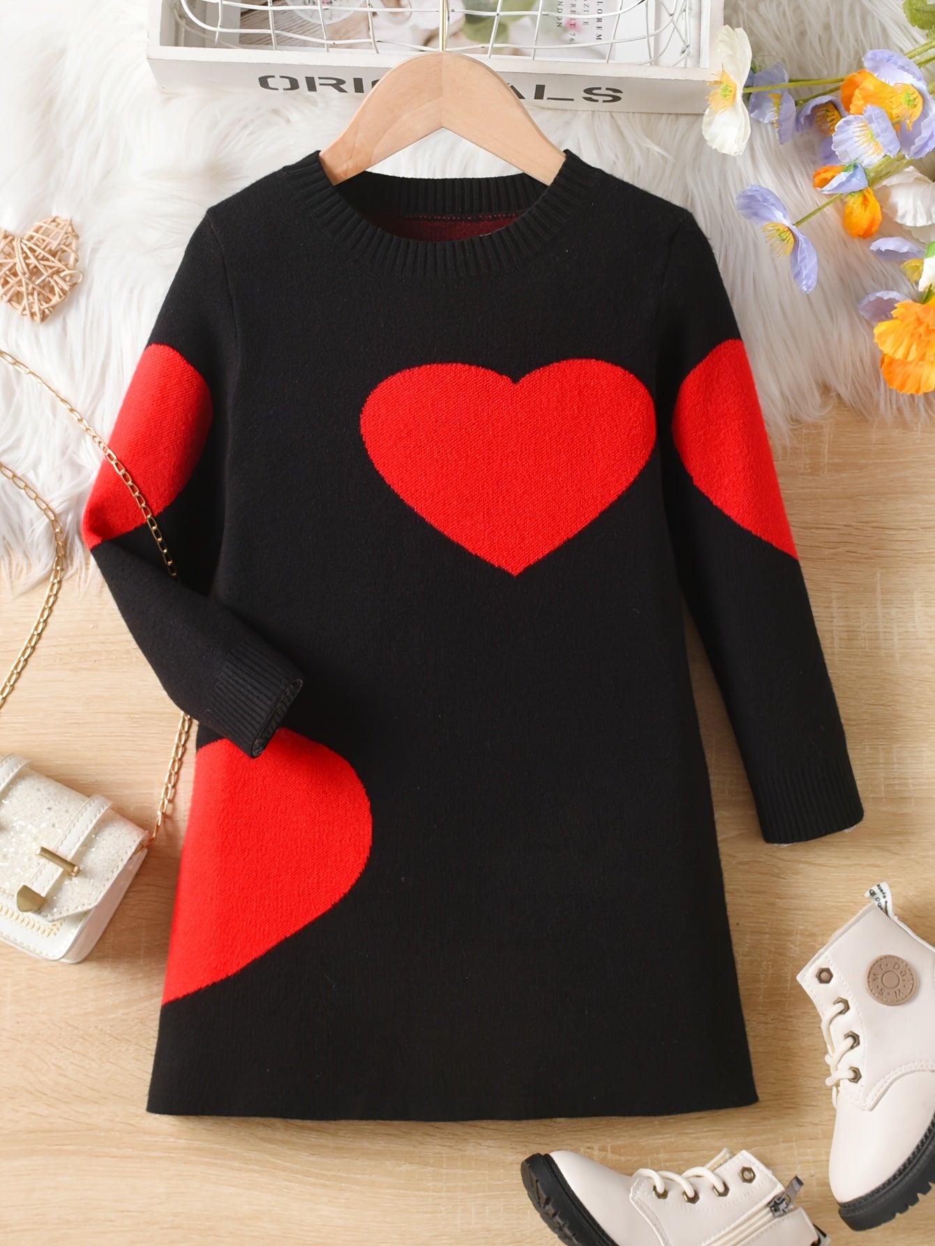 Long Sleeve Girls Warm & Comfy Hearts Pattern Knitted Sweater Dress for Spring & Fall