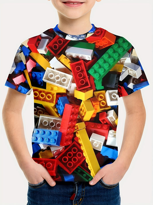 Boy's Short Sleeve Fashion Cozy T-shirt For Summer, Toy Bricks Pattern Full Print Tee, Outdoor Cloth