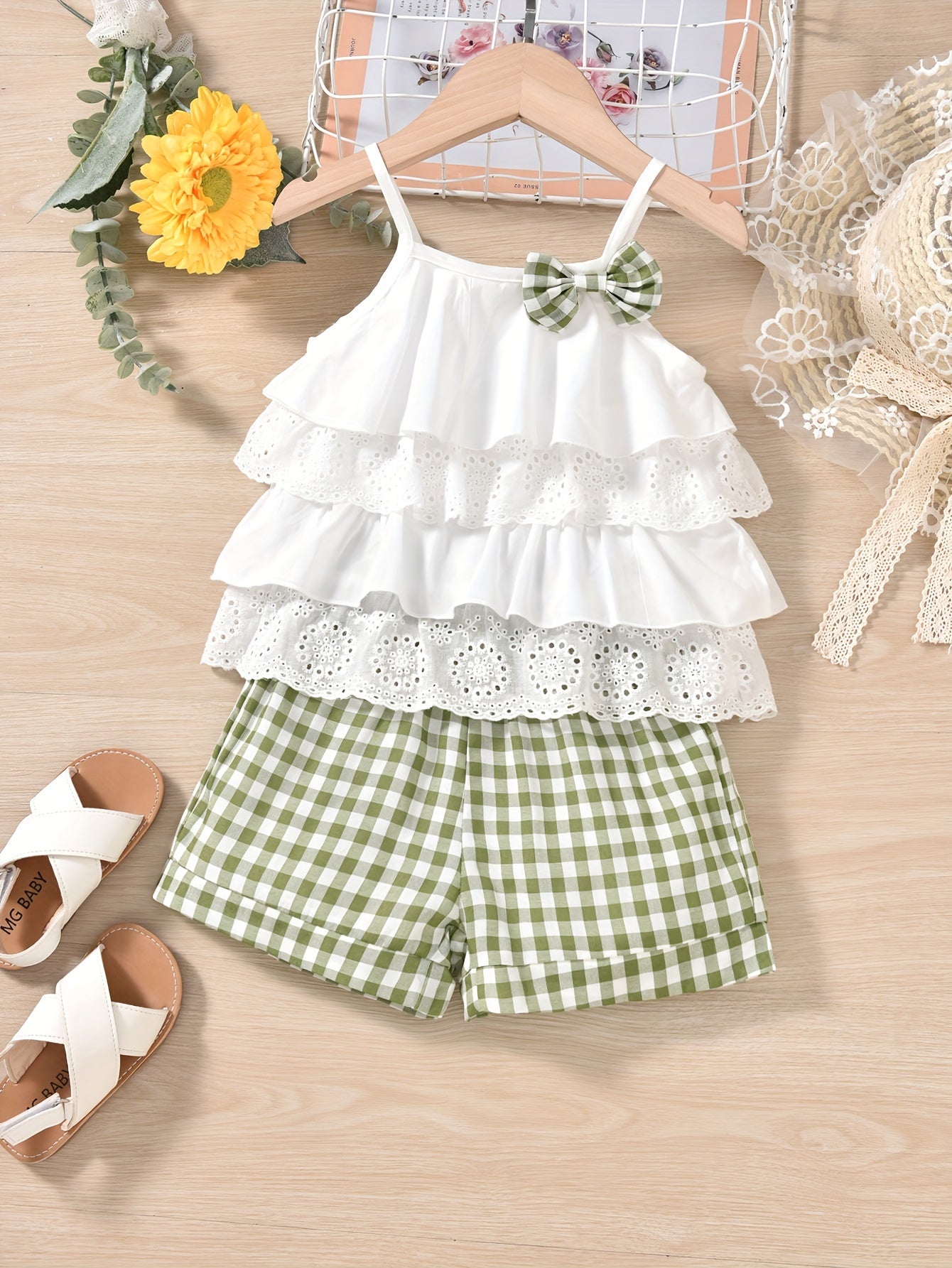 2pcs Ruffles Cami Top & Elastic Waist Plaid Shorts Set - Girls Summer Clothes with Flower Hollow Bow