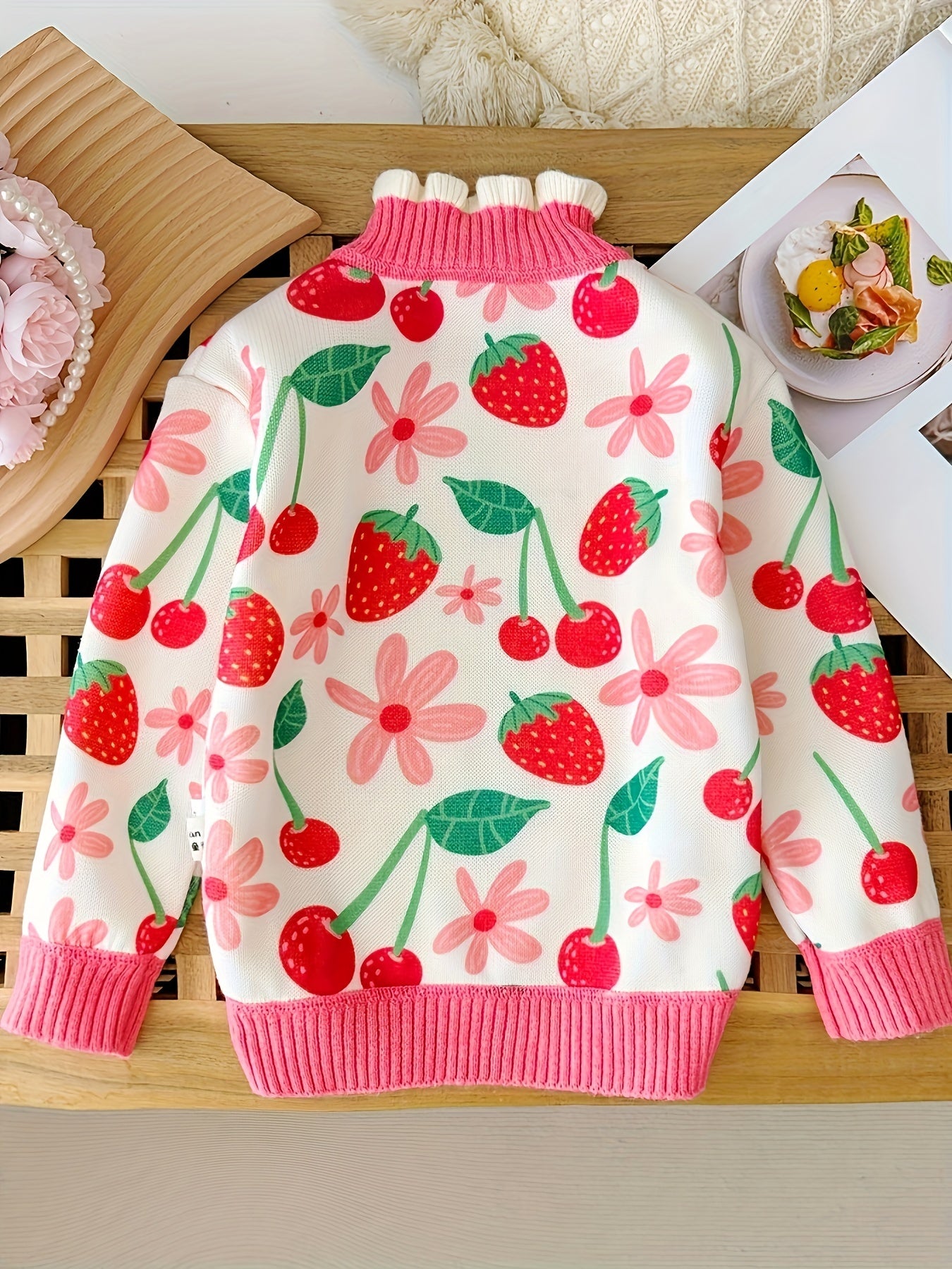 2024 Whimsical Comfort, Cozy & Cute Girls' Fleece-Lined Knit Sweater with Cherry Print - Ruffle Trim, Long Sleeve Pullover for Fall/Winter