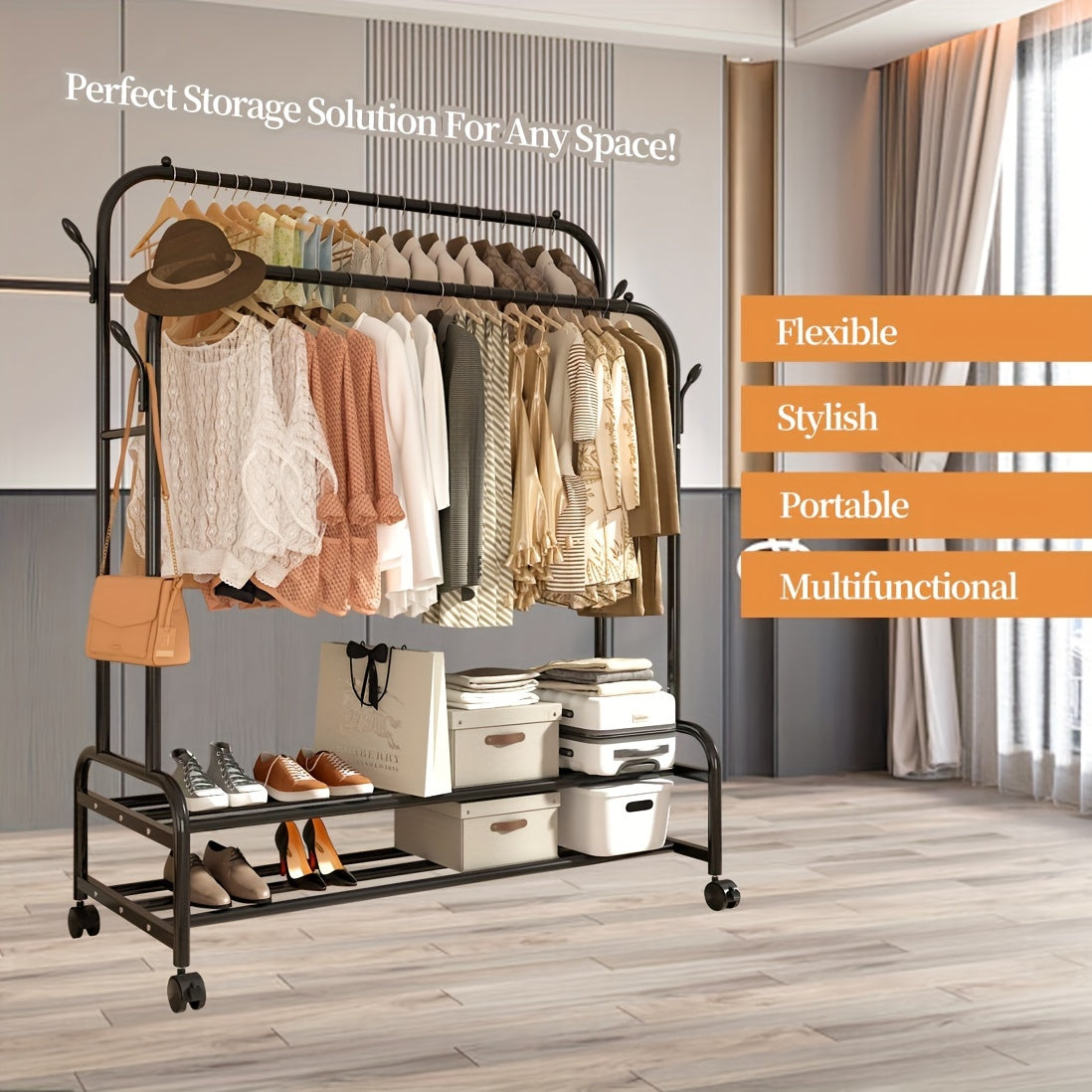 Durable Metal Clothing Rack with Double Rods And Wheels, Featuring Shelves And Hooks, Designed for Heavy-Duty Use to Hang Garments, Versatile Closet Solution for Bedrooms, in Black
