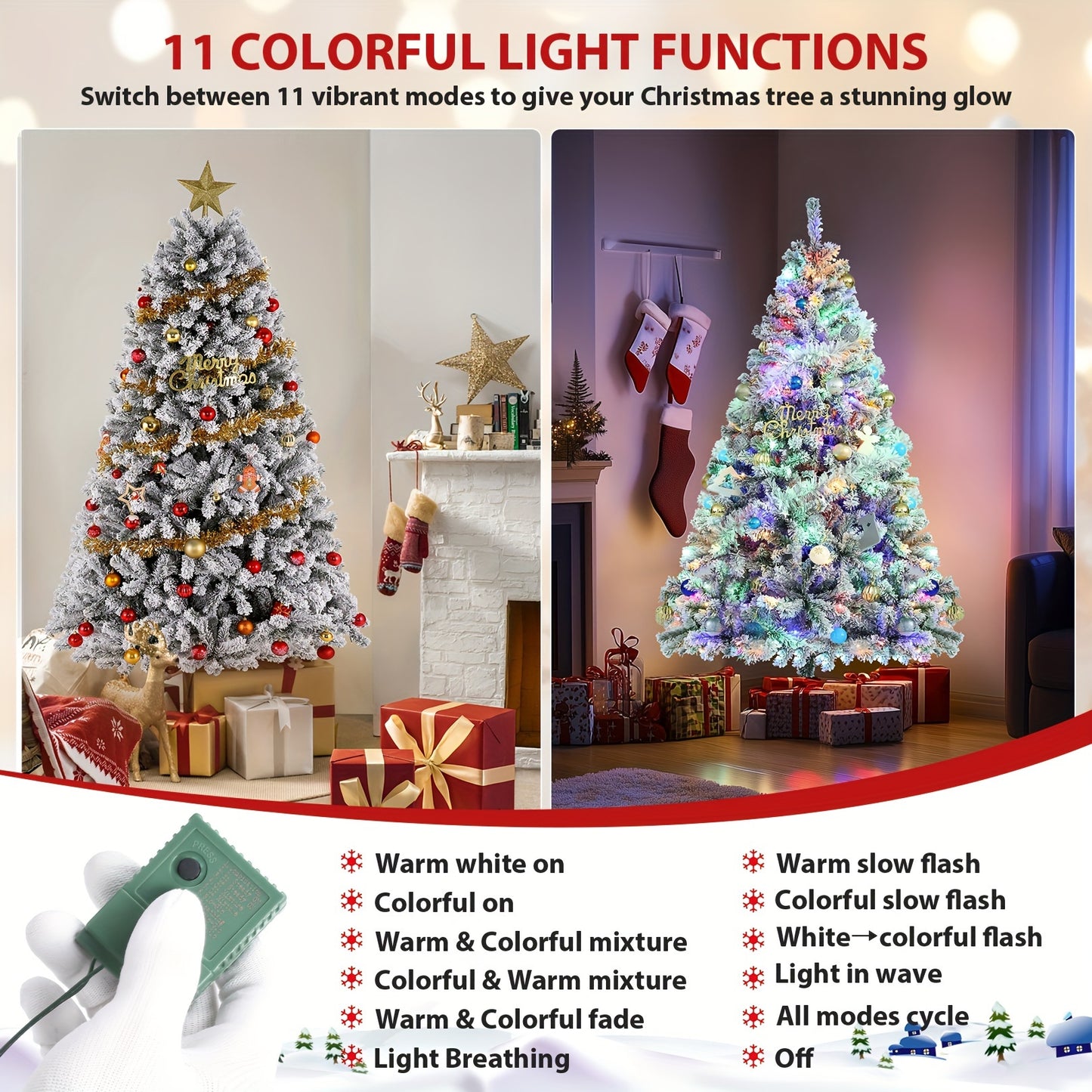 250 Multi-Color Lights 6FT Pre-lit Snow Flocked HOMDOX Artificial Christmas Tree with 640 PVC Branch Tips, 11 Adjustable Flash Rate Modes, Foldable Metal Stand, Hinged Branches