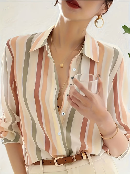 Color Block Button Front Shirt Spring And Autumn Casual Long-sleeved Shirt Women's Wear