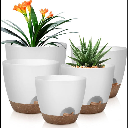 Set of 5 Self-Watering Plant Pots (5–7 Inch) – Plastic Planters with Drainage Holes & Saucers