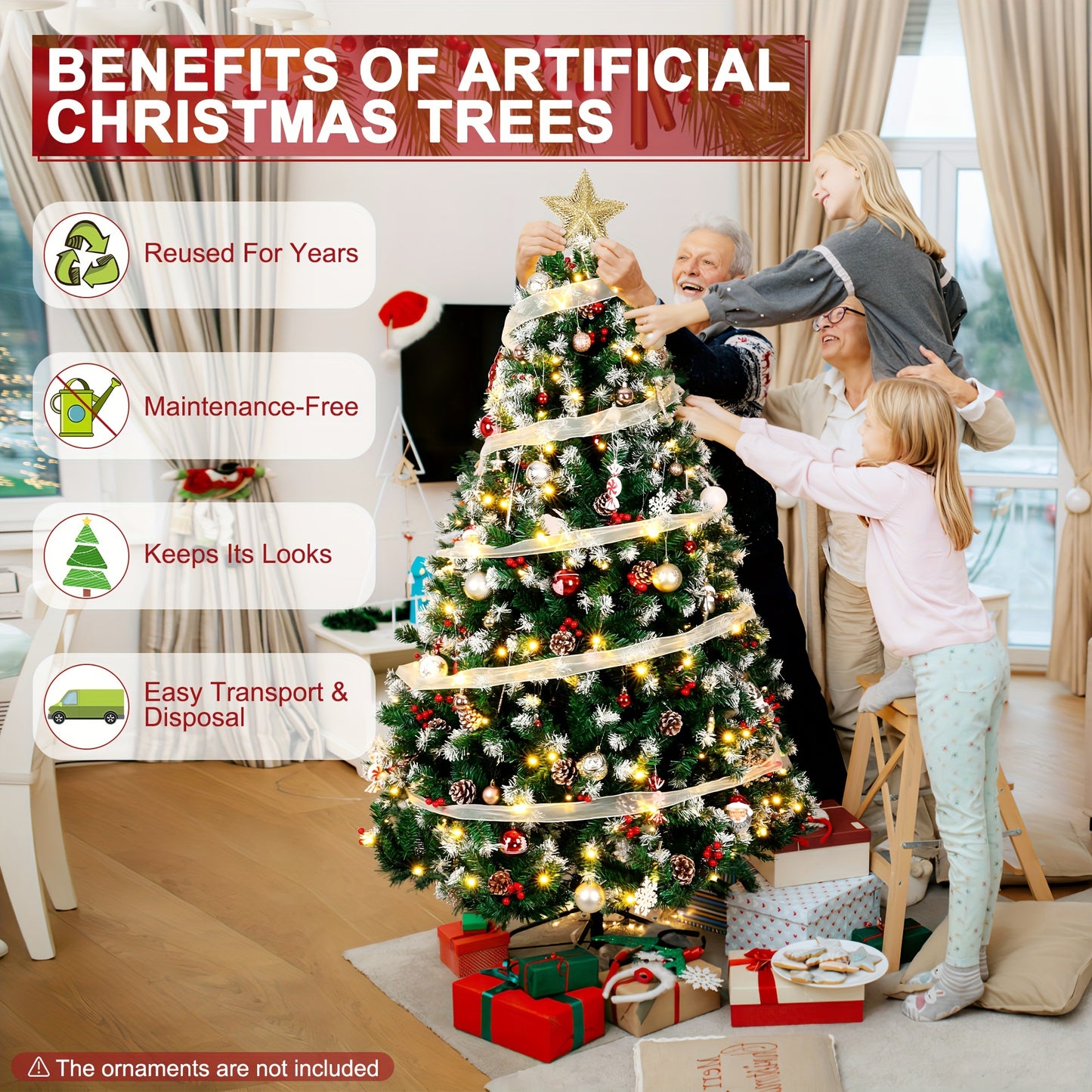 6 Ft Prelit Artificial Christmas Tree – 800 PVC Tips, 250 Warm White LED Lights, Hinged Branches & Metal Stand