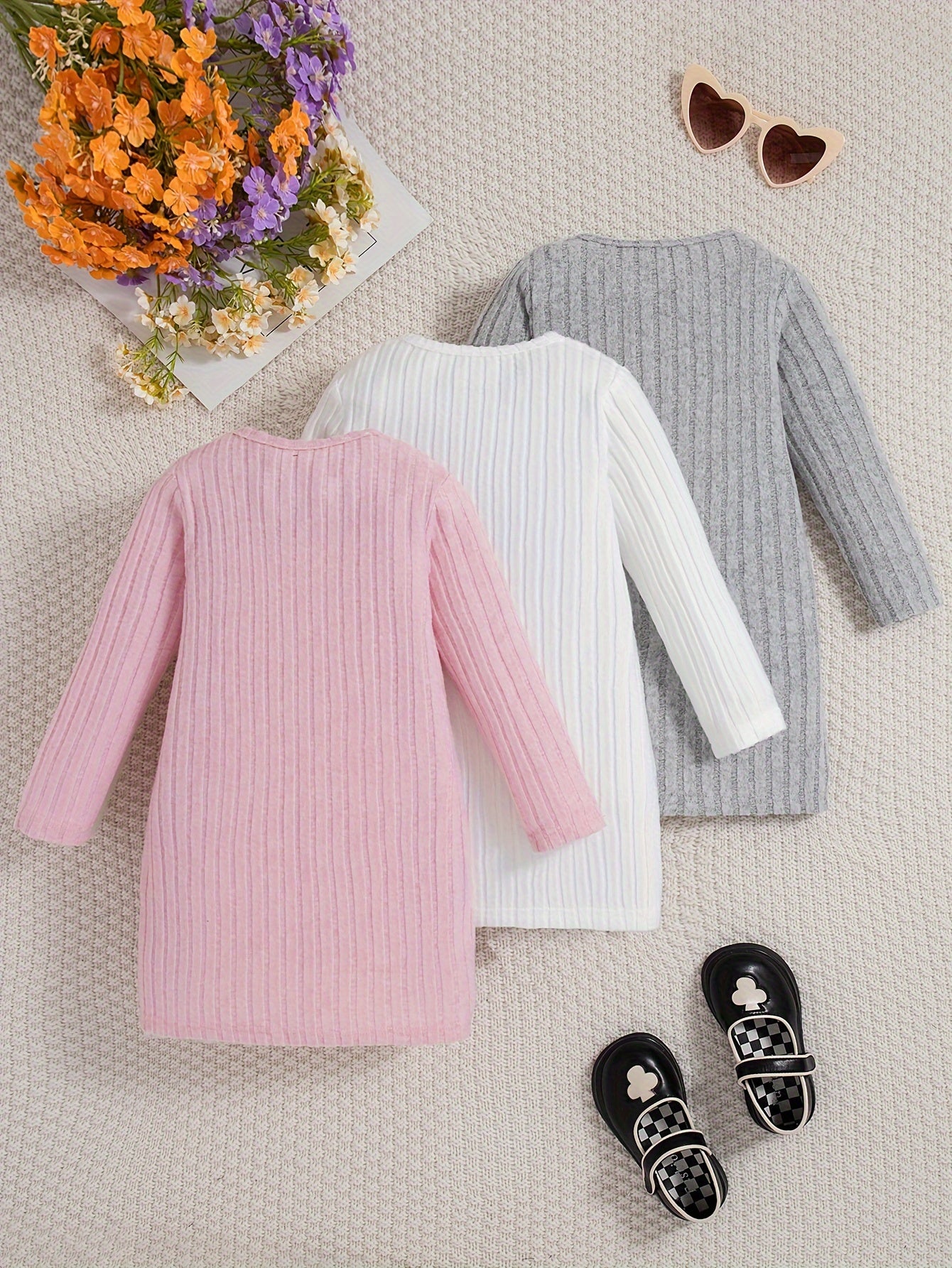 3pcs Solid Ribbed Knit Comfy Dress Set for Girls, Elegant Dresses for Spring Fall Gift, Outdoor Cloth