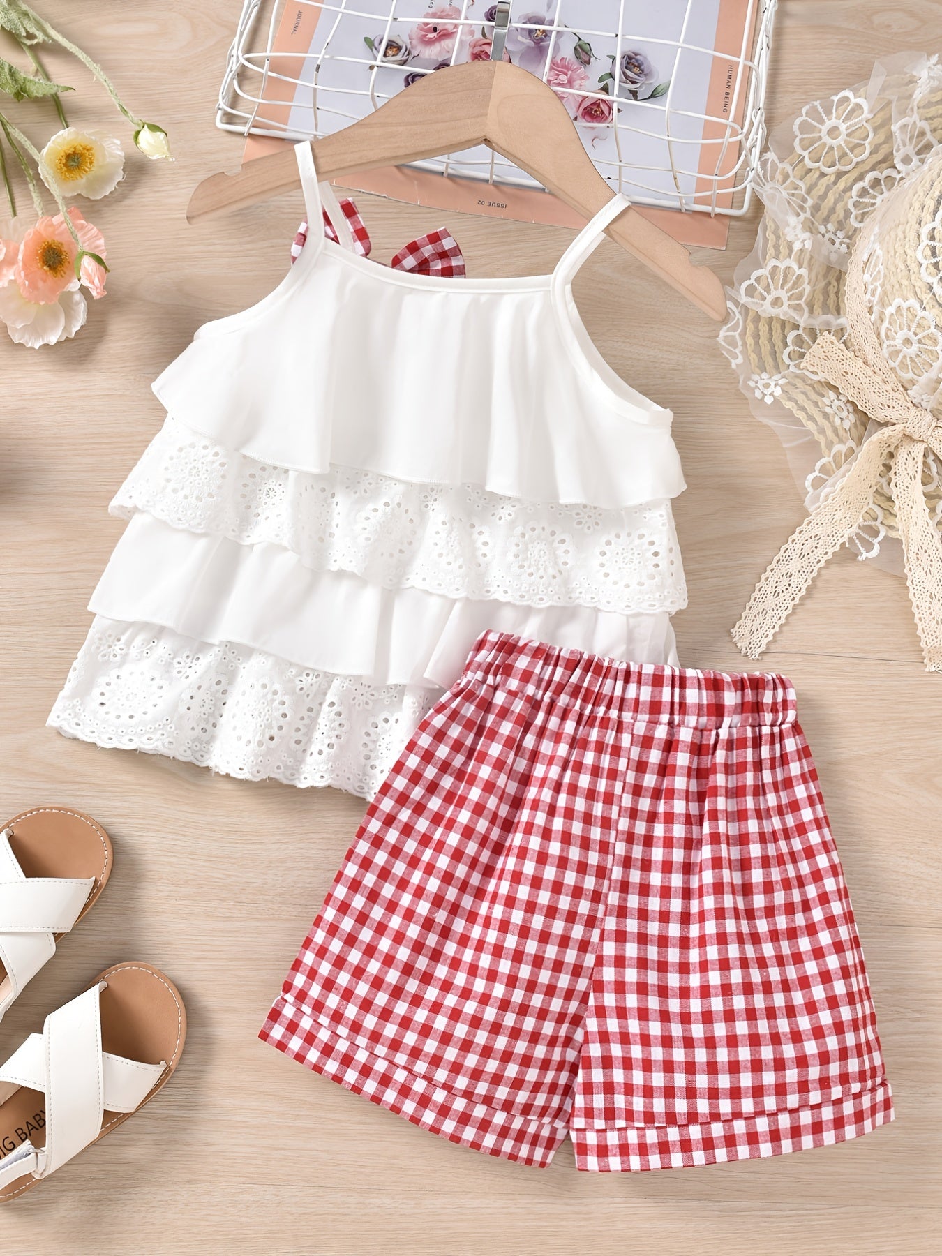 2pcs Ruffles Cami Top & Elastic Waist Plaid Shorts Set - Girls Summer Clothes with Flower Hollow Bow