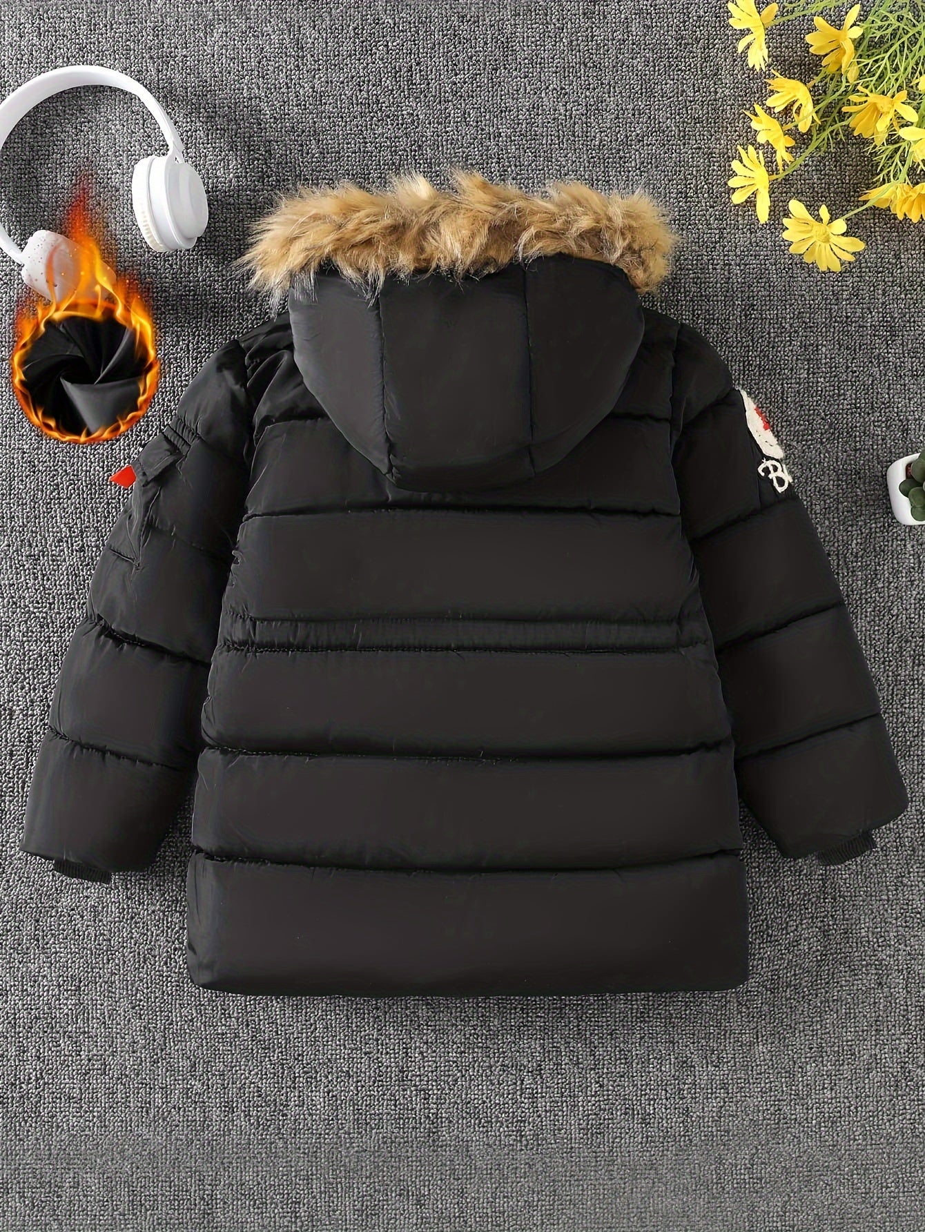 Boys' Cozy Black Hooded Jacket with Star Patch - Warm, Windproof Winter Coat for Youngsters