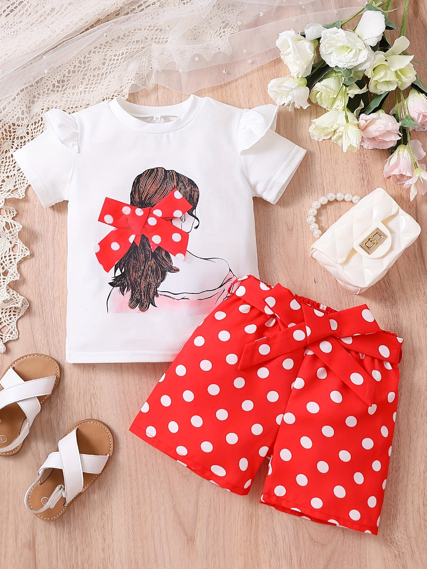 2pcs Toddler Girls’ Graphic T-Shirt & Shorts Set – Ruffle Trim, Polka Dot Belt & Bow Design