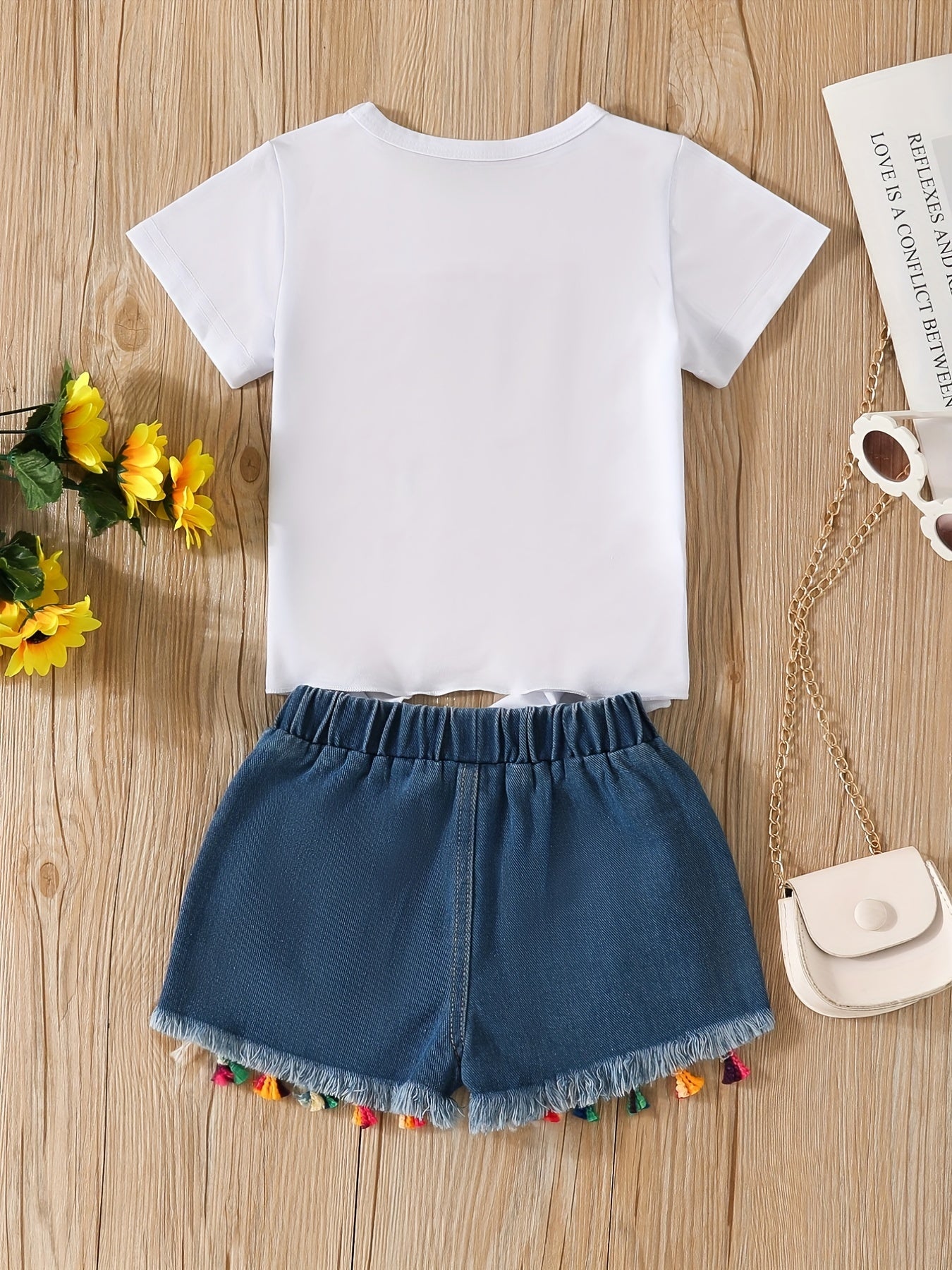 2pcs Comfy Girls Casual Short Sleeve T-shirt & Denim Shorts Set, Sunflower And Letter Graphic Print Summer Kids Outdoor Clothing