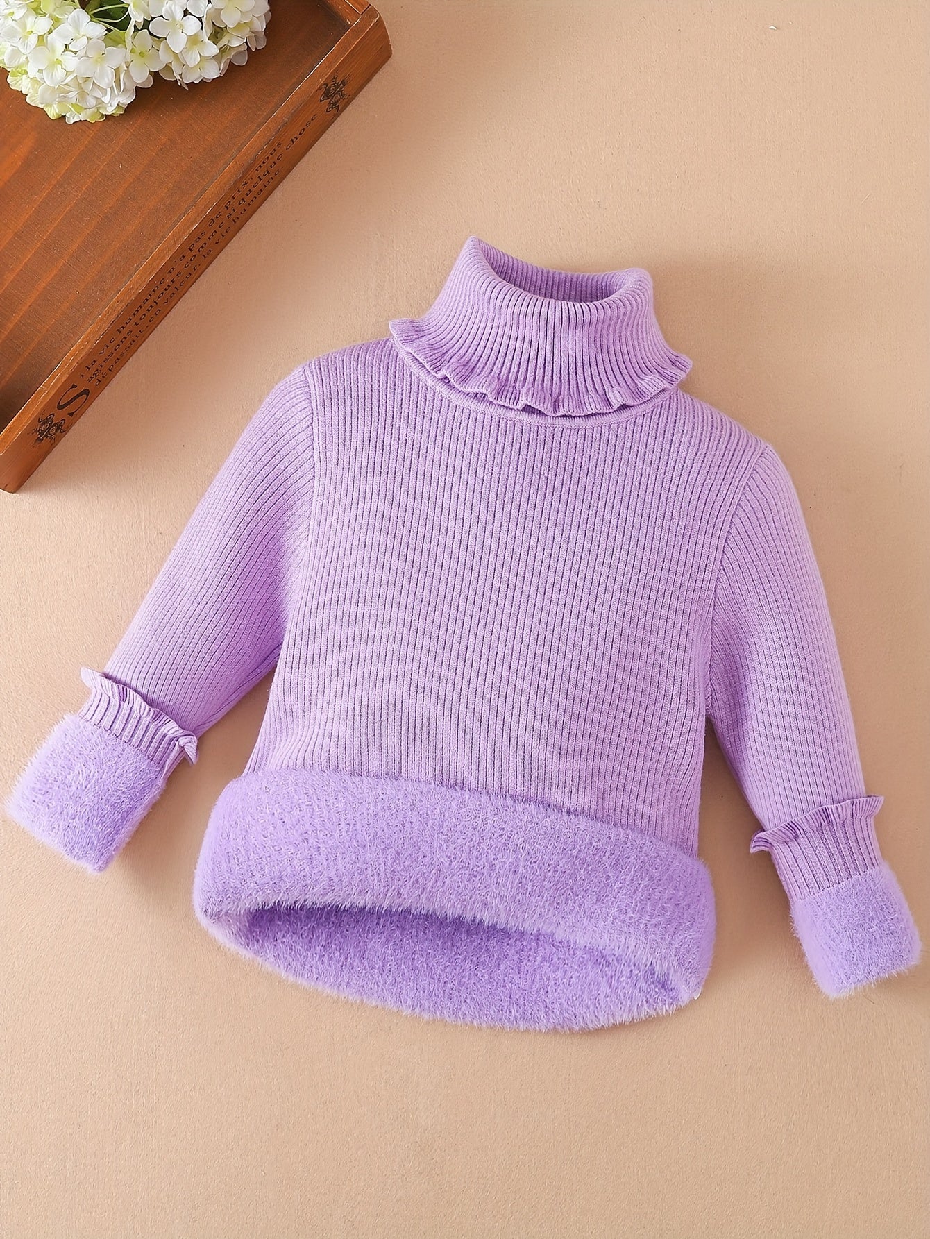 Girls' High Collar Sweater Casual Style with Solid Pattern And Long Sleeves, Slightly Stretchy Knitted Fabric with Elegant Detail