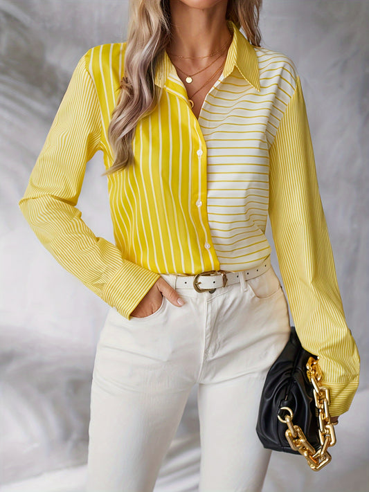 Vibrant Stripe Print Button Front Long Sleeve Shirt - Elegant Color Block Design, Comfortable Fit, Perfect for Spring & Fall Seasons, Women's Fashion Clothing