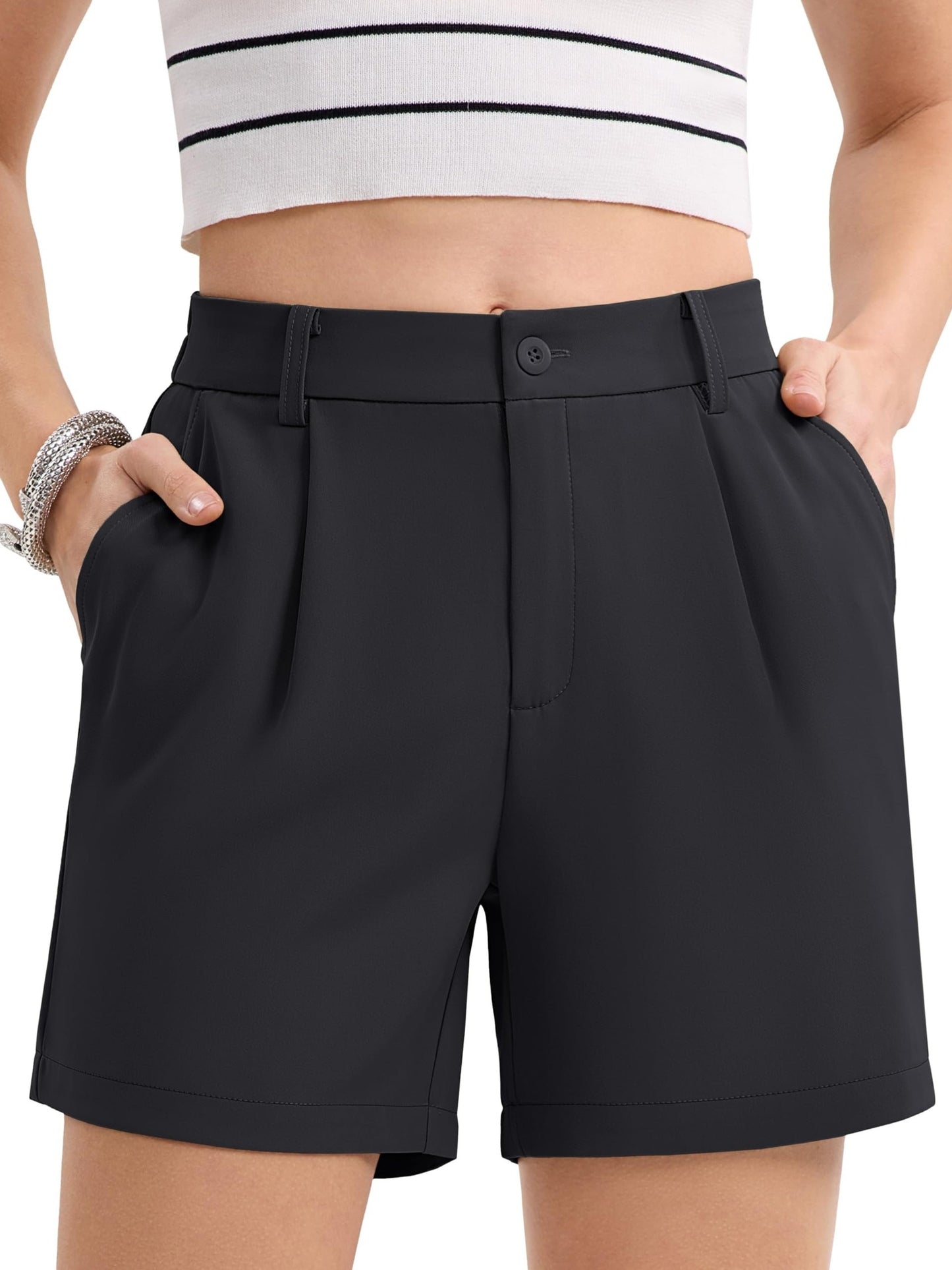 Women's Shorts Dressy Casual Pleated Straight Leg Shorts Summer Elastic Waist Mid Rise Shorts With Pockets Solid Casual Outdoor Shorts Straight-Leg Camping Shorts Breathable Lightweight Stylish Running Shorts