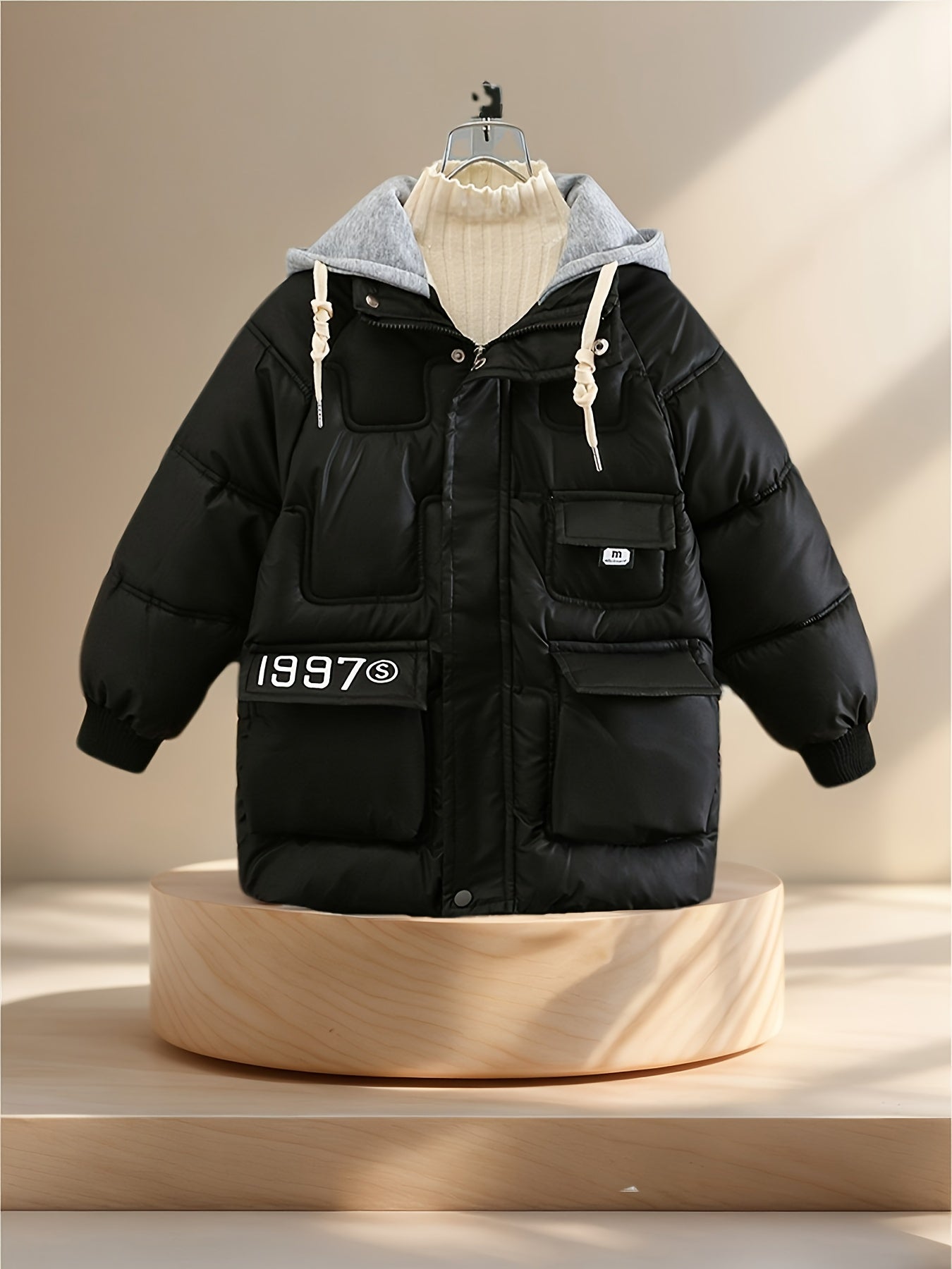 1997 Letter Print Hooded Coat – Warm & Practical Boys’ Fall/Winter Jacket with Pockets