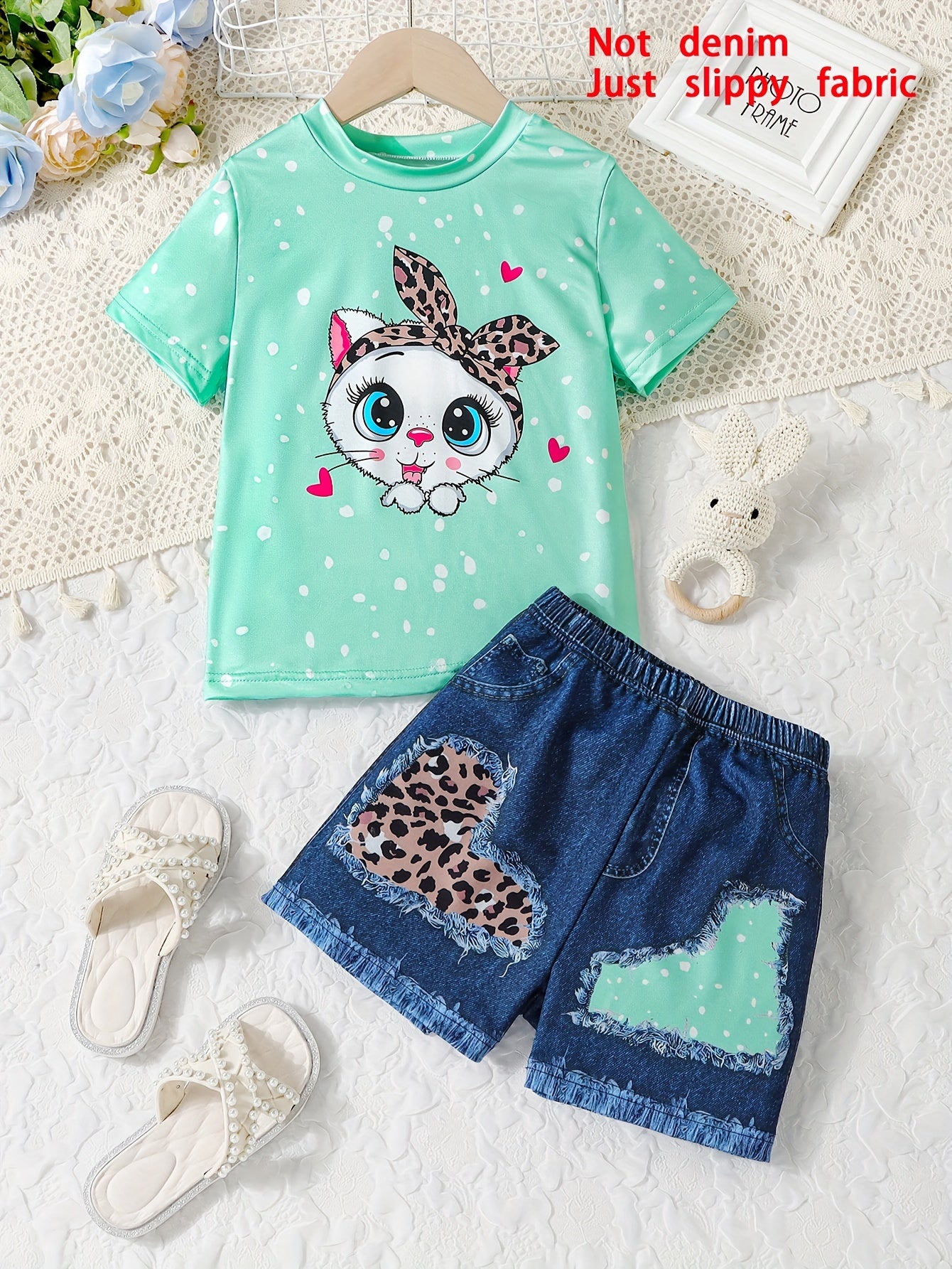 Bowknot Kitty Print Girls 2PCS Short Sleeve Top + Imitation Denim Print Shorts Set, Casual Holiday Summer Outfit