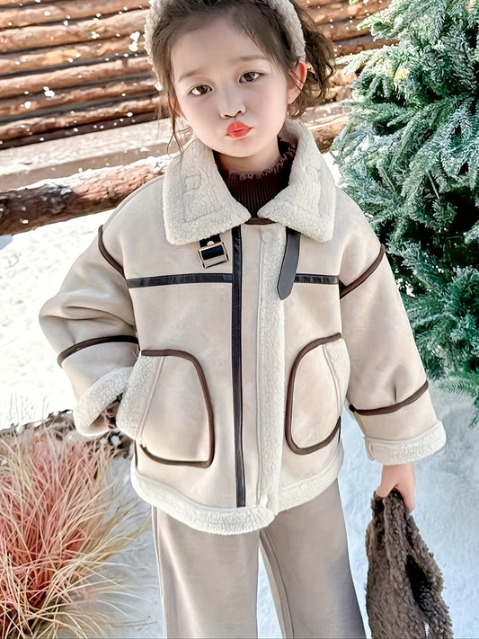 2024 Girls' Fashion Faux Fur Leather Jacket, Winter Solid Color Elegant Coat, Polyester Lining, Regular Fit, Round Neck, Pockets