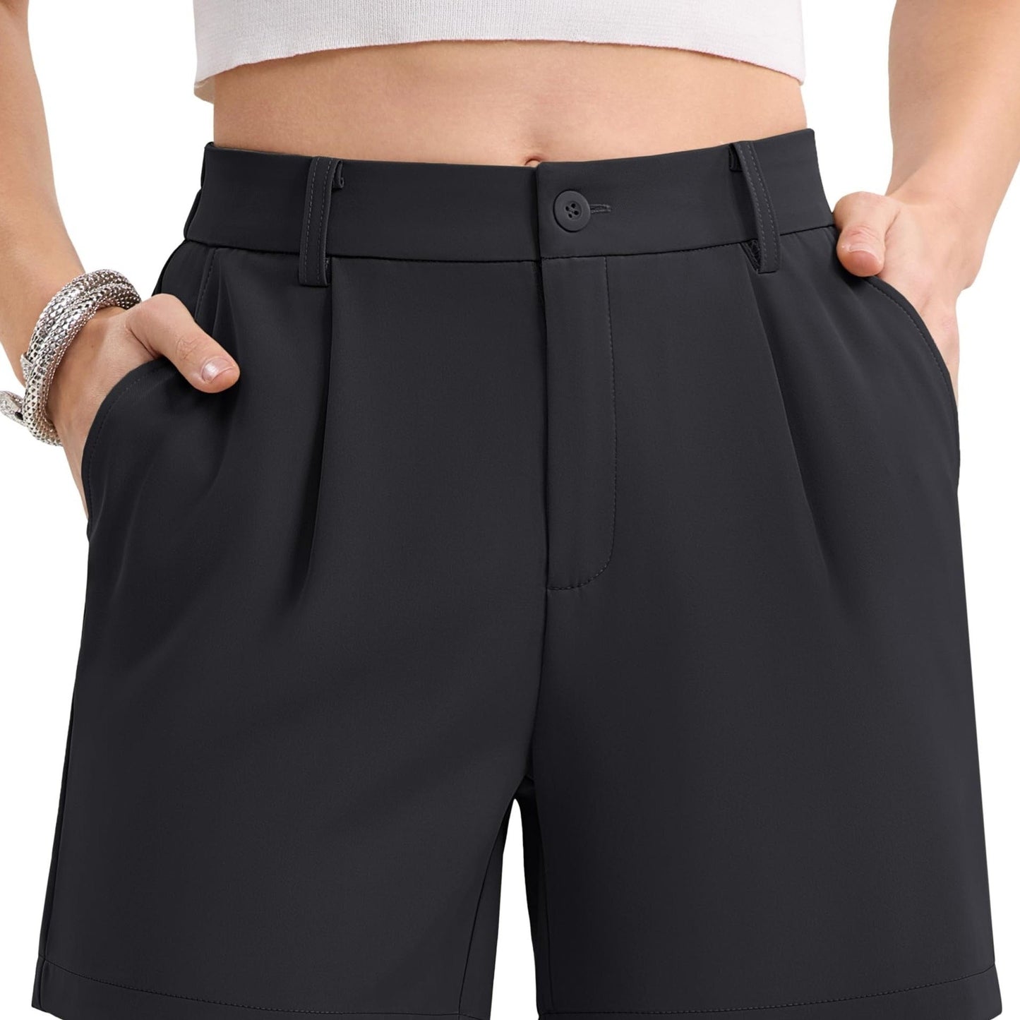 Women's Shorts Dressy Casual Pleated Straight Leg Shorts Summer Elastic Waist Mid Rise Shorts With Pockets Solid Casual Outdoor Shorts Straight-Leg Camping Shorts Breathable Lightweight Stylish Running Shorts